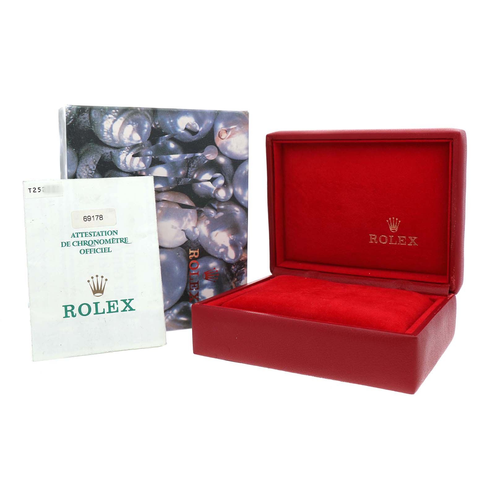 The image shows an open red Rolex box, outer packaging, and documentation for the Rolex President 69178 Women's Yellow Gold Champagne Dial model.