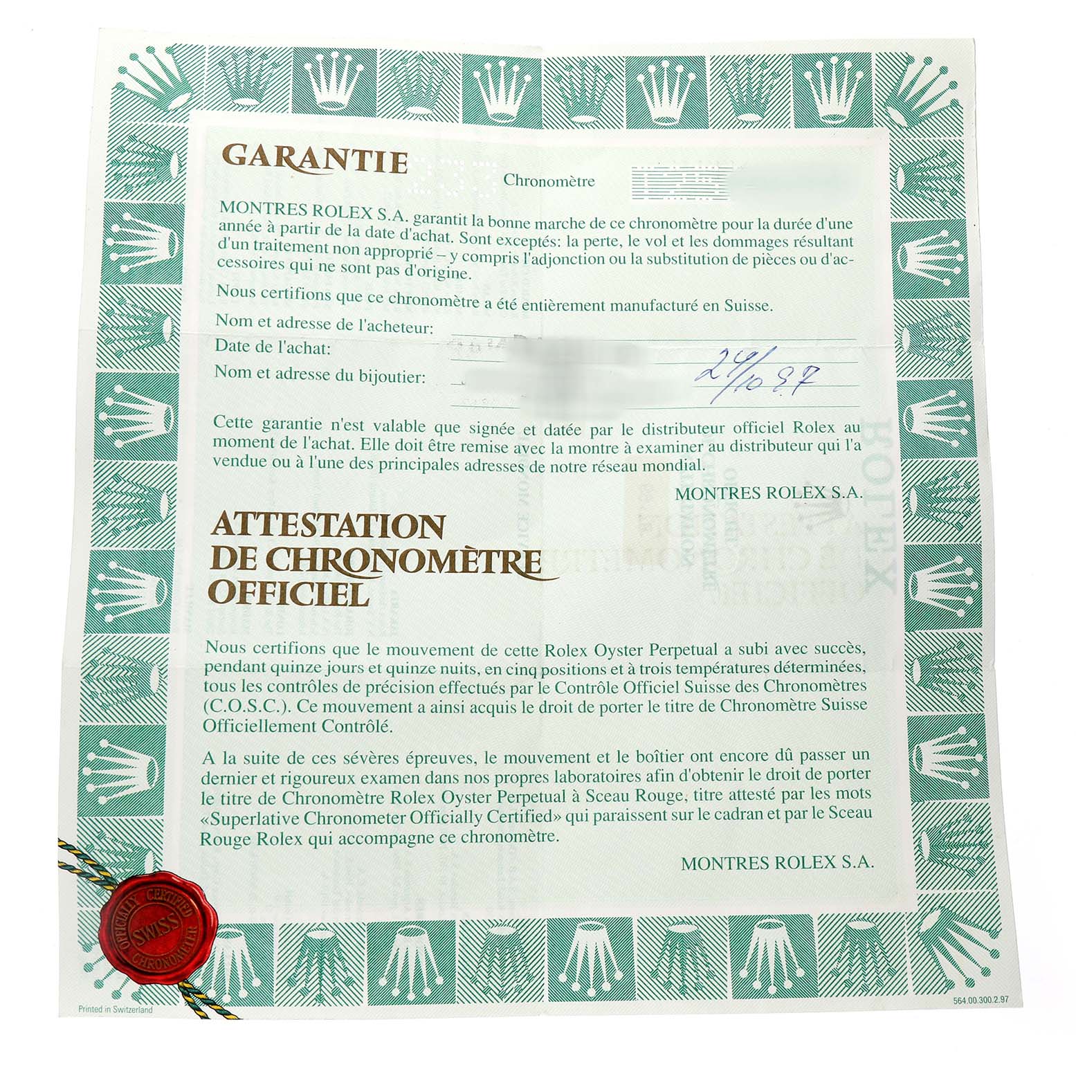 The image shows a Rolex President 69178 Women's Yellow Gold Champagne Dial model warranty certificate, viewed flat with visible text and a red seal.
