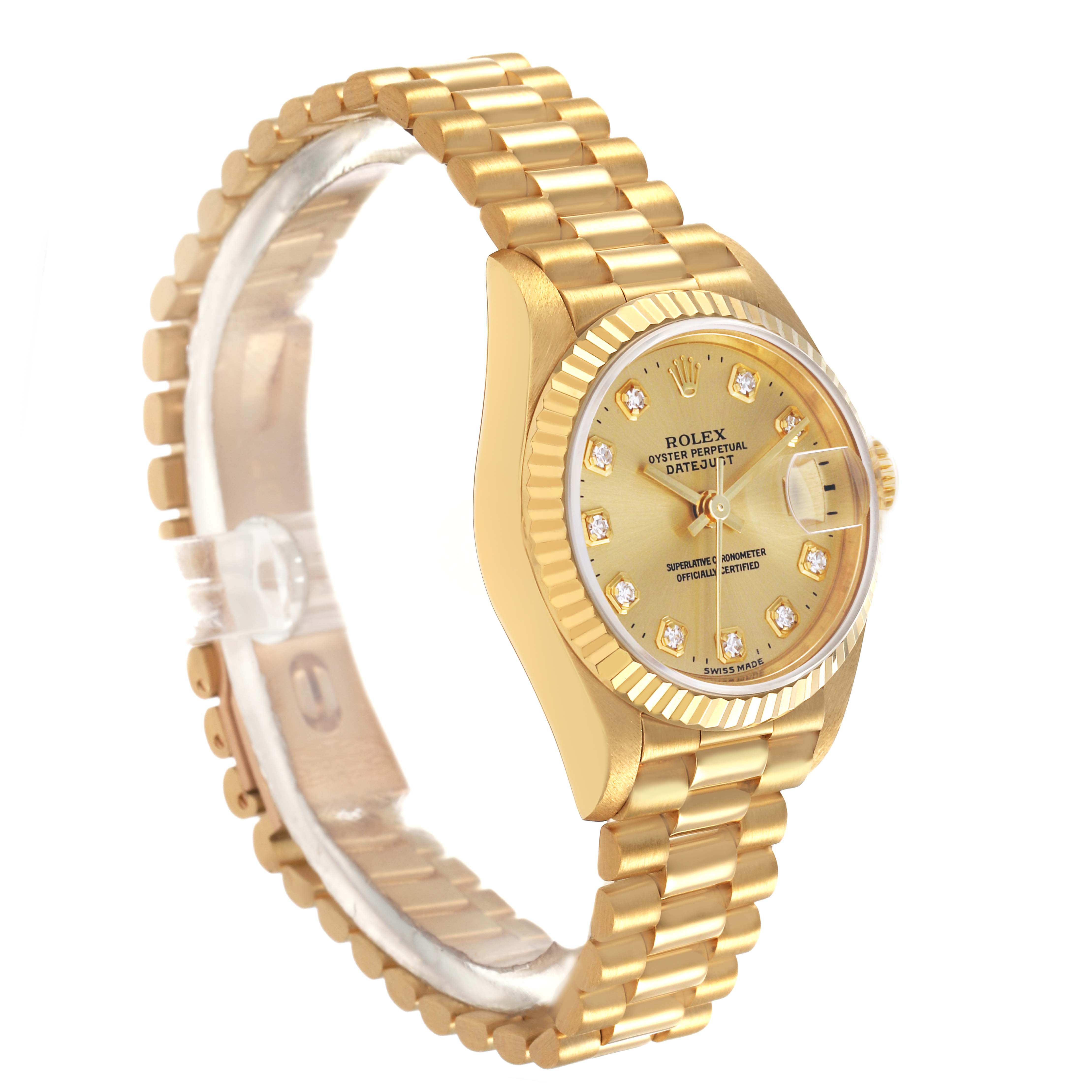 The Rolex President 69178 Women's Yellow Gold Champagne Dial model is shown at a side angle, highlighting the gold bracelet, dial, and fluted bezel.