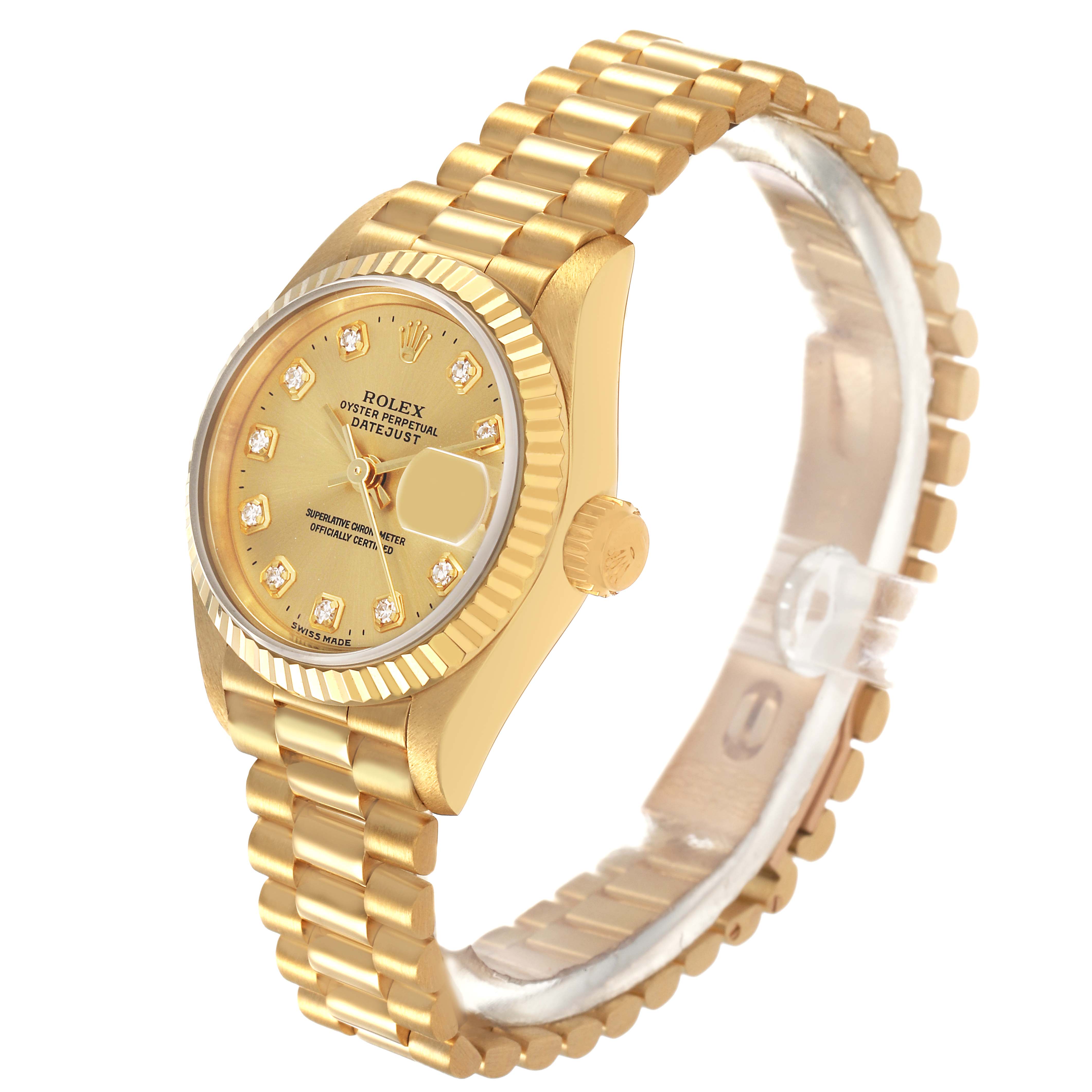 The Rolex President 69178 Women's Yellow Gold Champagne Dial model is shown from an angled side view, displaying its gold case, fluted bezel, and bracelet.
