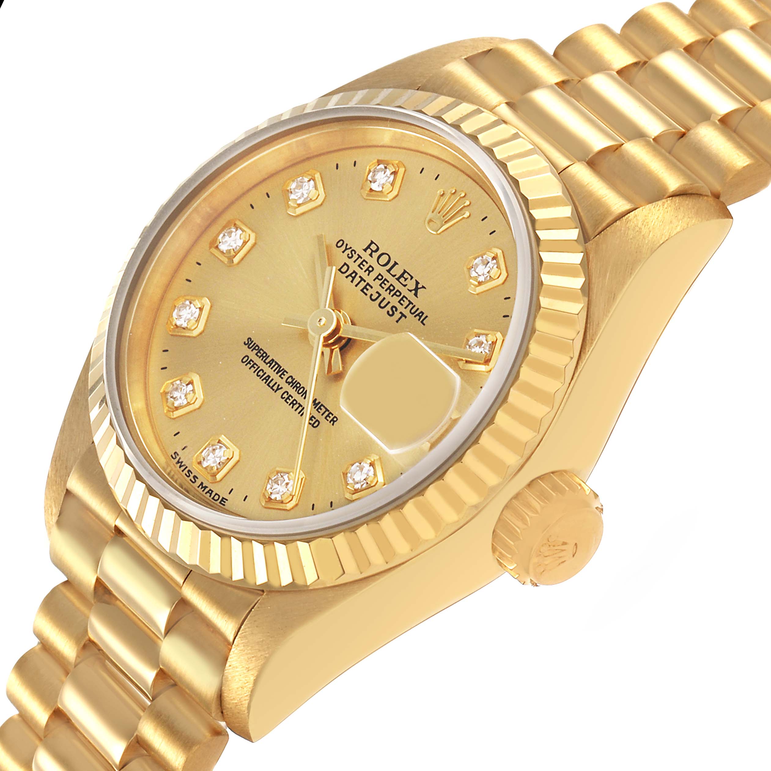 The Rolex President 69178 Women's Yellow Gold Champagne Dial model watch is shown at an angled view, highlighting the dial, bezel, crown, and part of the bracelet.