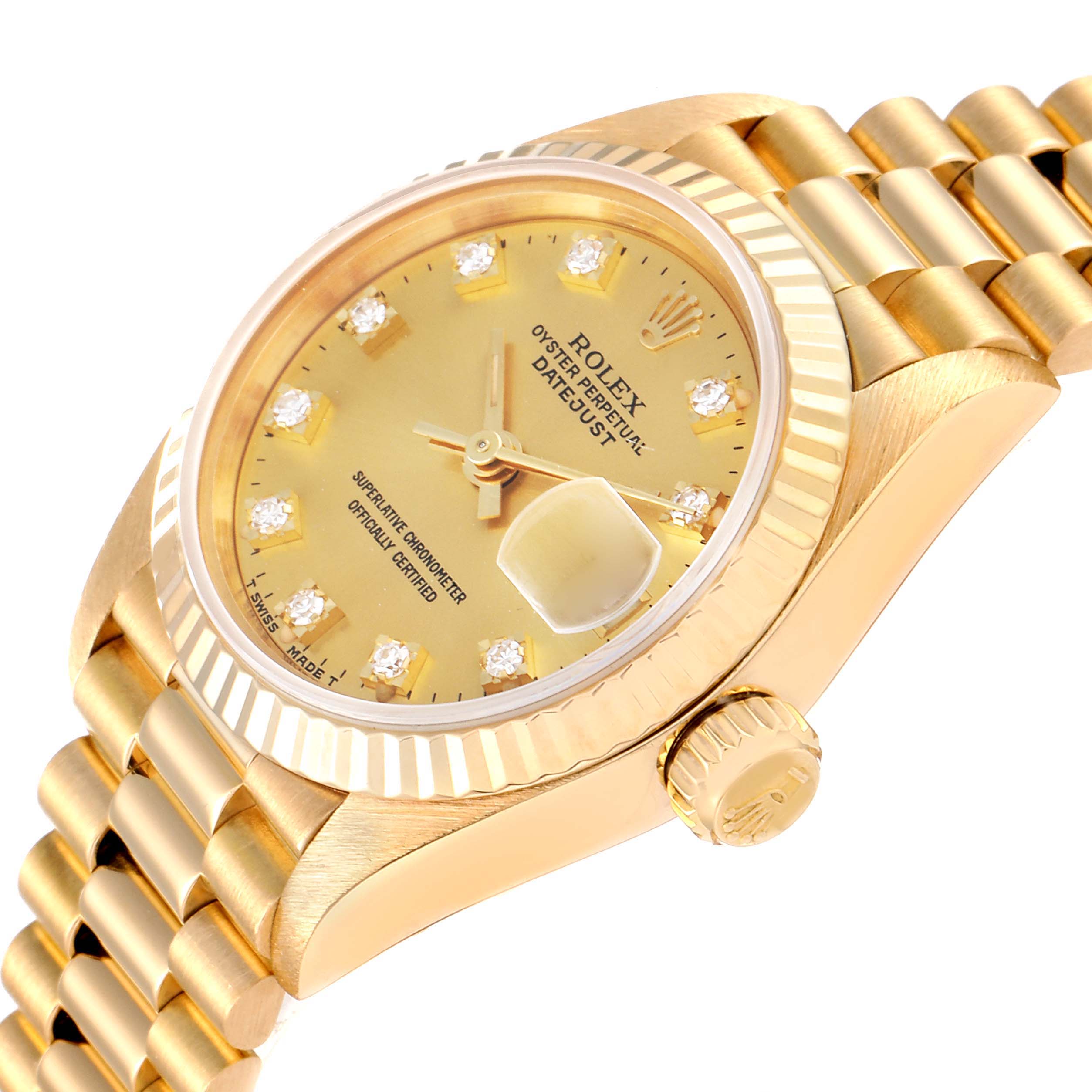 The image shows a close-up angled view of the Rolex President 69178 Women
s Yellow Gold Champagne Dial 69178 Women
s Yellow Gold Champagne Dial model, highlighting its gold dial, bezel, crown, and part of the bracelet.