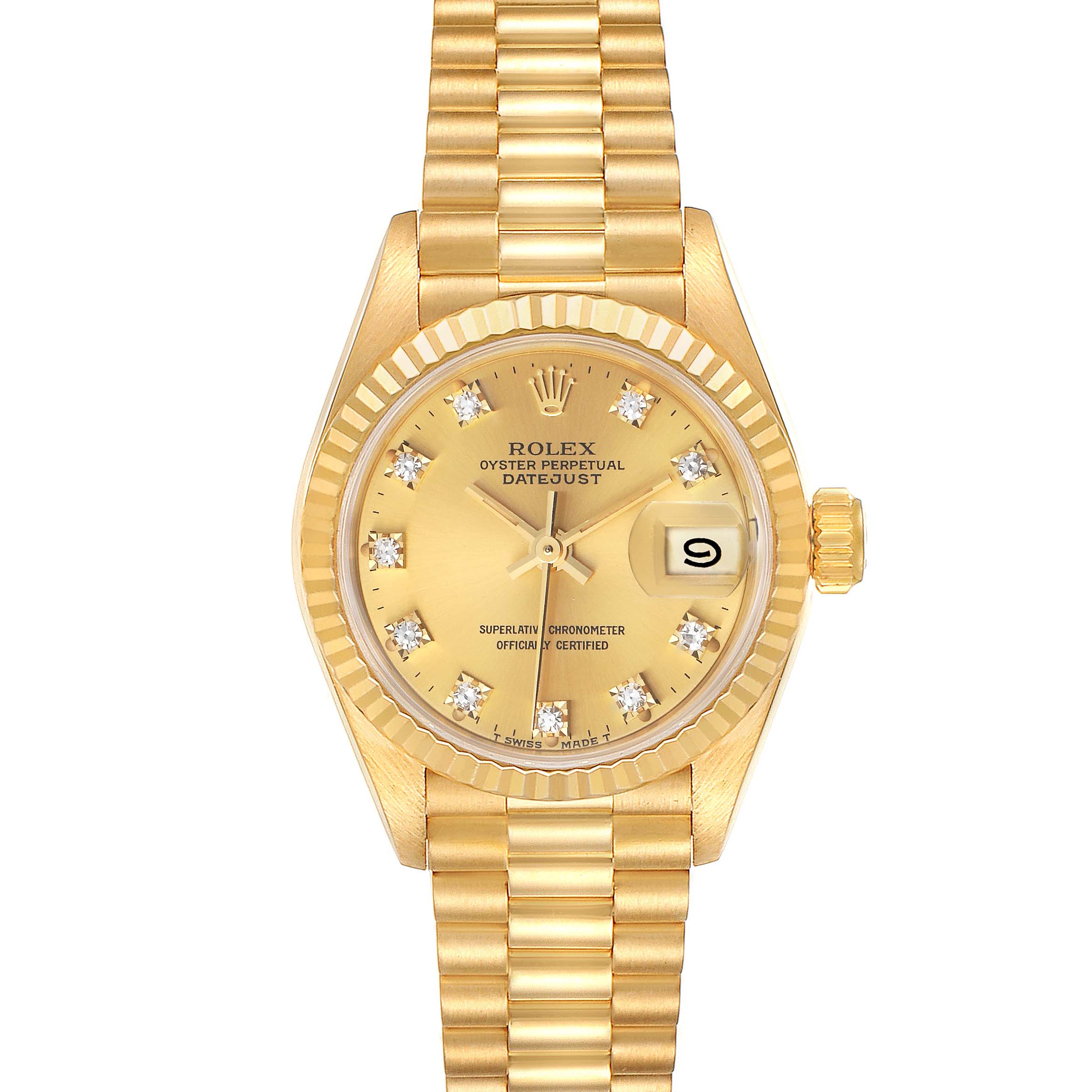 This image shows the face and bracelet of a Rolex President 69178 Women
s Yellow Gold Champagne Dial 69178 Women
s Yellow Gold Champagne Dial model watch, highlighting the gold dial, diamond markers, and date display.