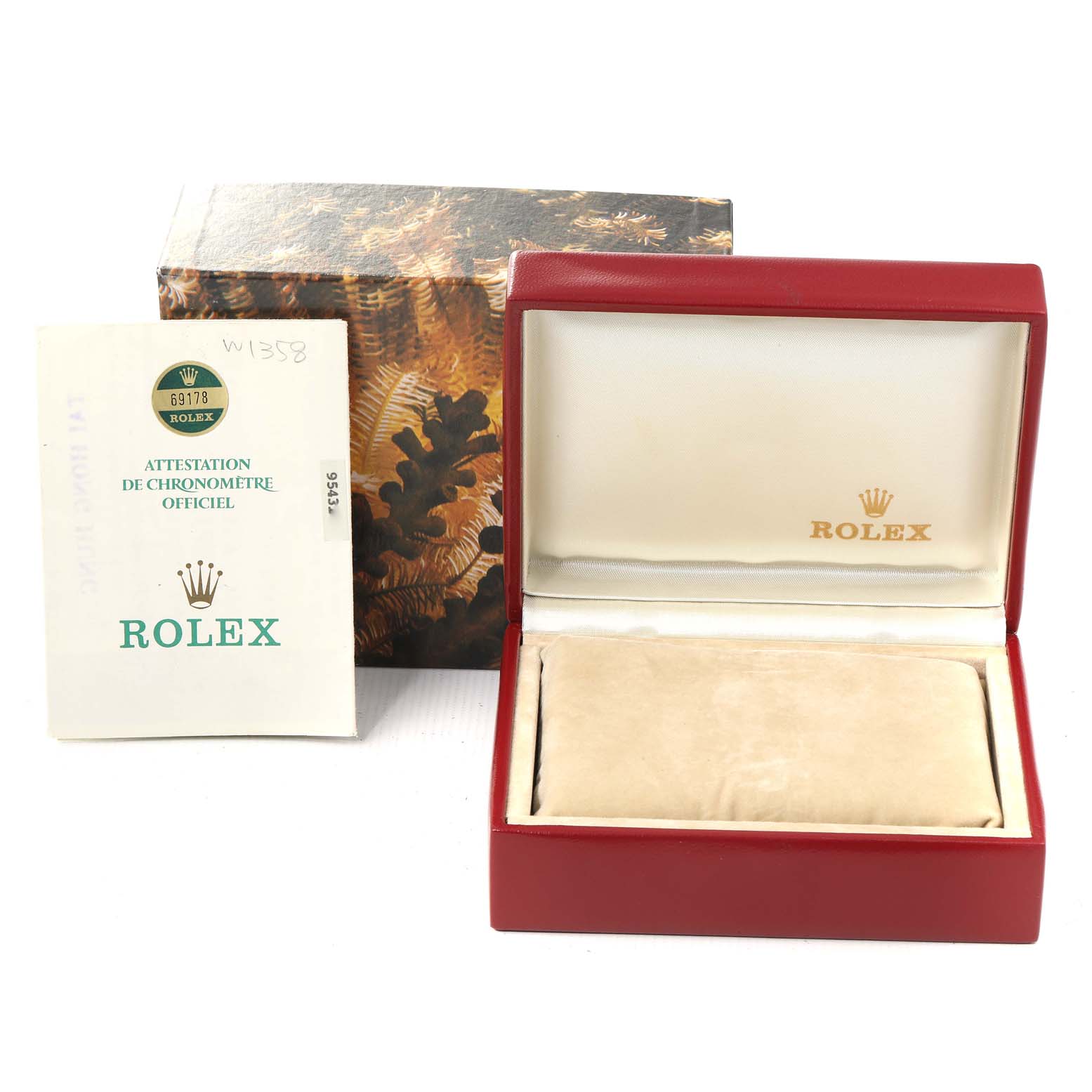The image shows the packaging box, certificate, and empty watch box for a Rolex President 69178 Women
s Yellow Gold Champagne Dial 69178 Women
s Yellow Gold Champagne Dial model.