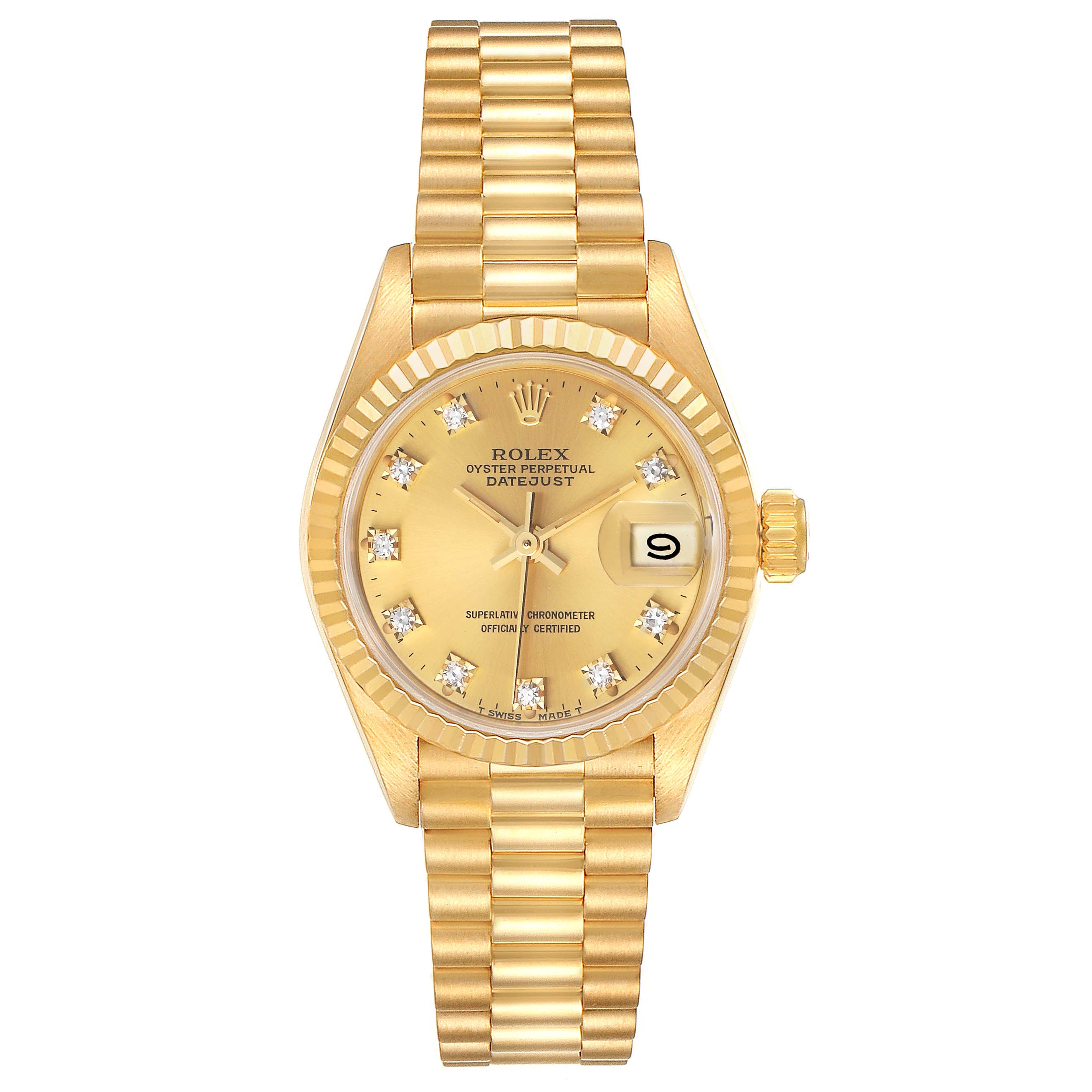 The image shows a frontal view of the Rolex President 69178 Women
s Yellow Gold Champagne Dial 69178 Women
s Yellow Gold Champagne Dial model watch, displaying its gold bracelet, dial, and date window.