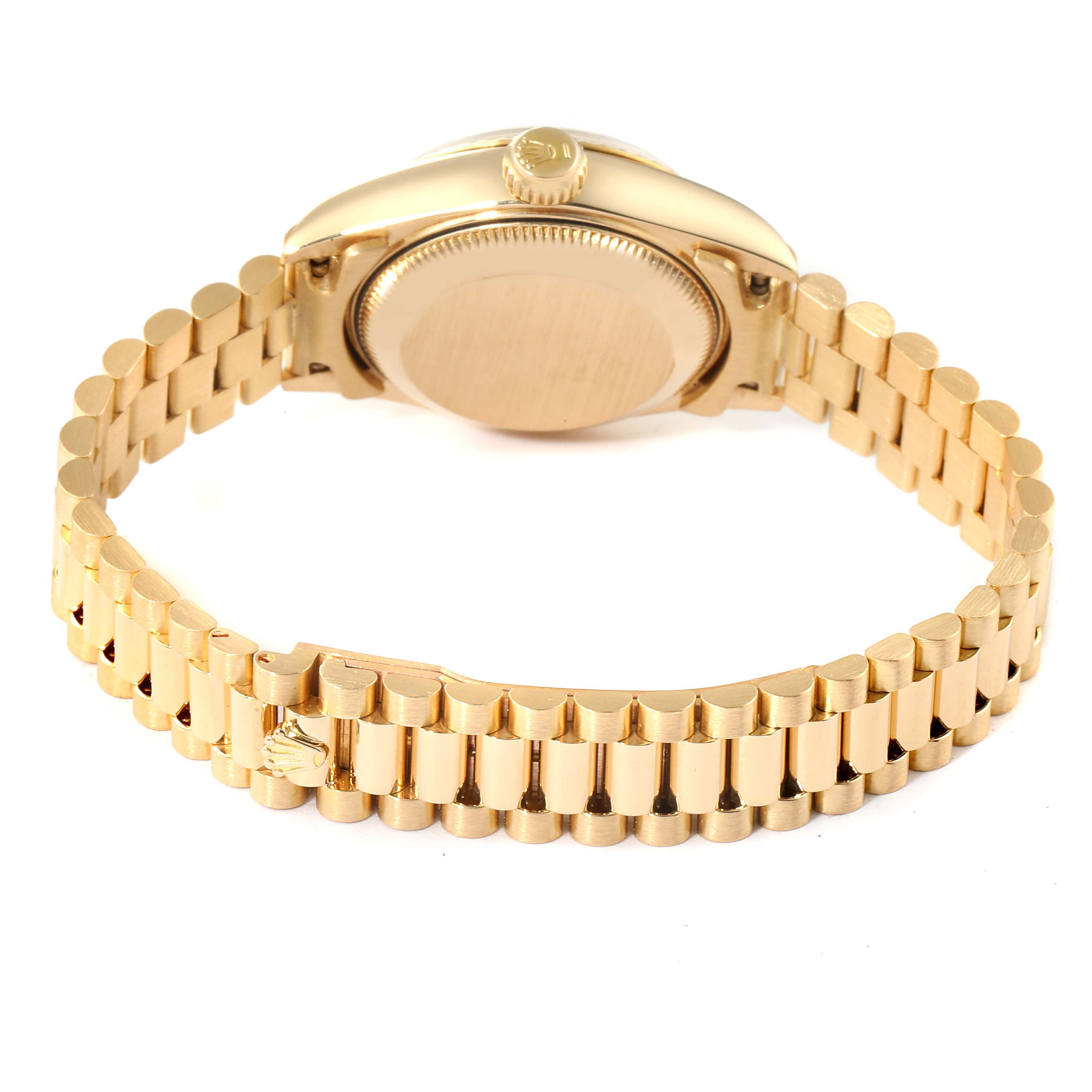 This image shows the backside and bracelet of the Rolex President 69178 Women
s Yellow Gold Champagne Dial 69178 Women
s Yellow Gold Champagne Dial model watch, focusing on the case back and the gold band.