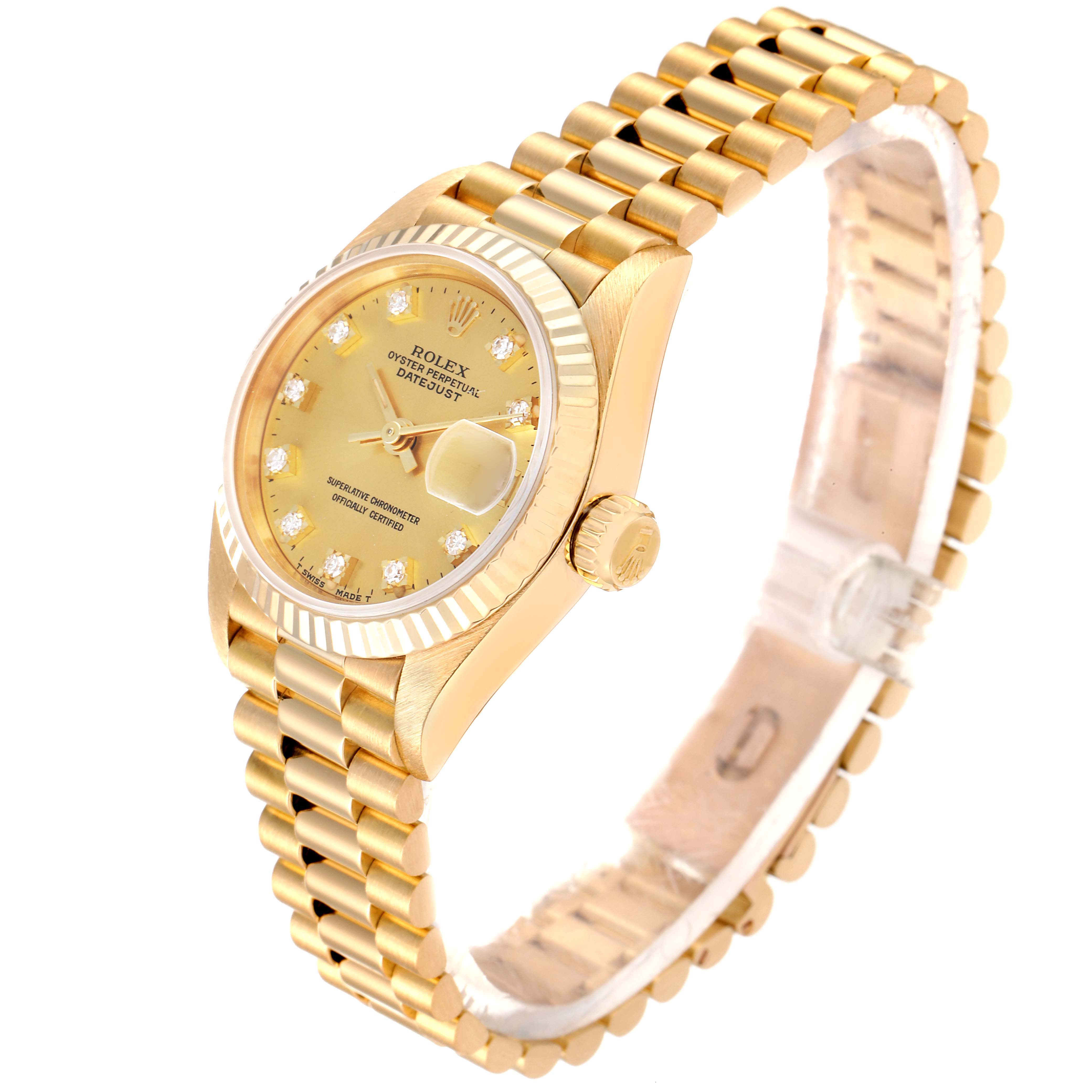 This is an oblique view of the Rolex President 69178 Women
s Yellow Gold Champagne Dial 69178 Women
s Yellow Gold Champagne Dial model, displaying the face, crown, and bracelet.