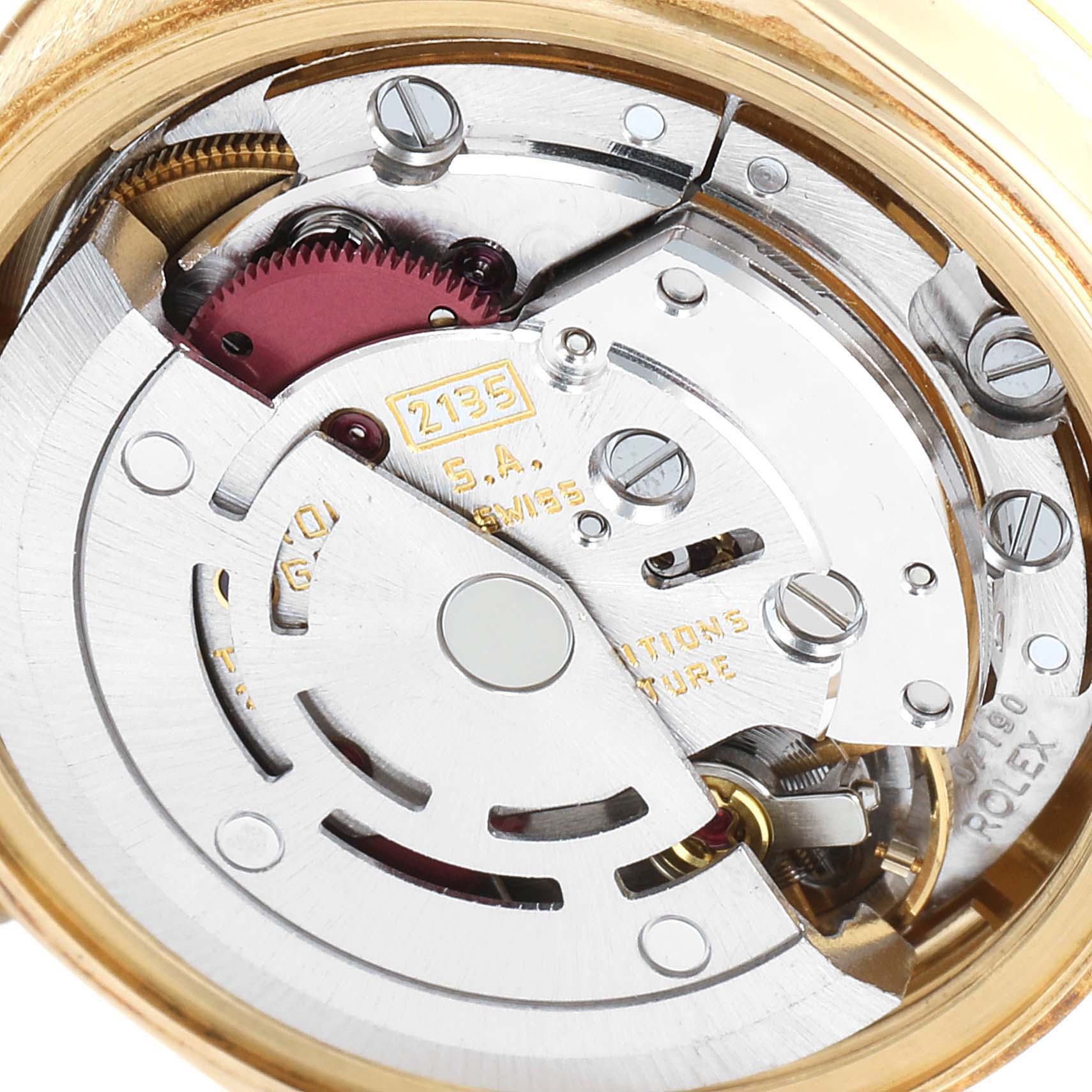 The image shows the internal movement mechanism of a Rolex President 69178 Women
s Yellow Gold Champagne Dial 69178 Women
s Yellow Gold Champagne Dial model watch, viewed from the back.