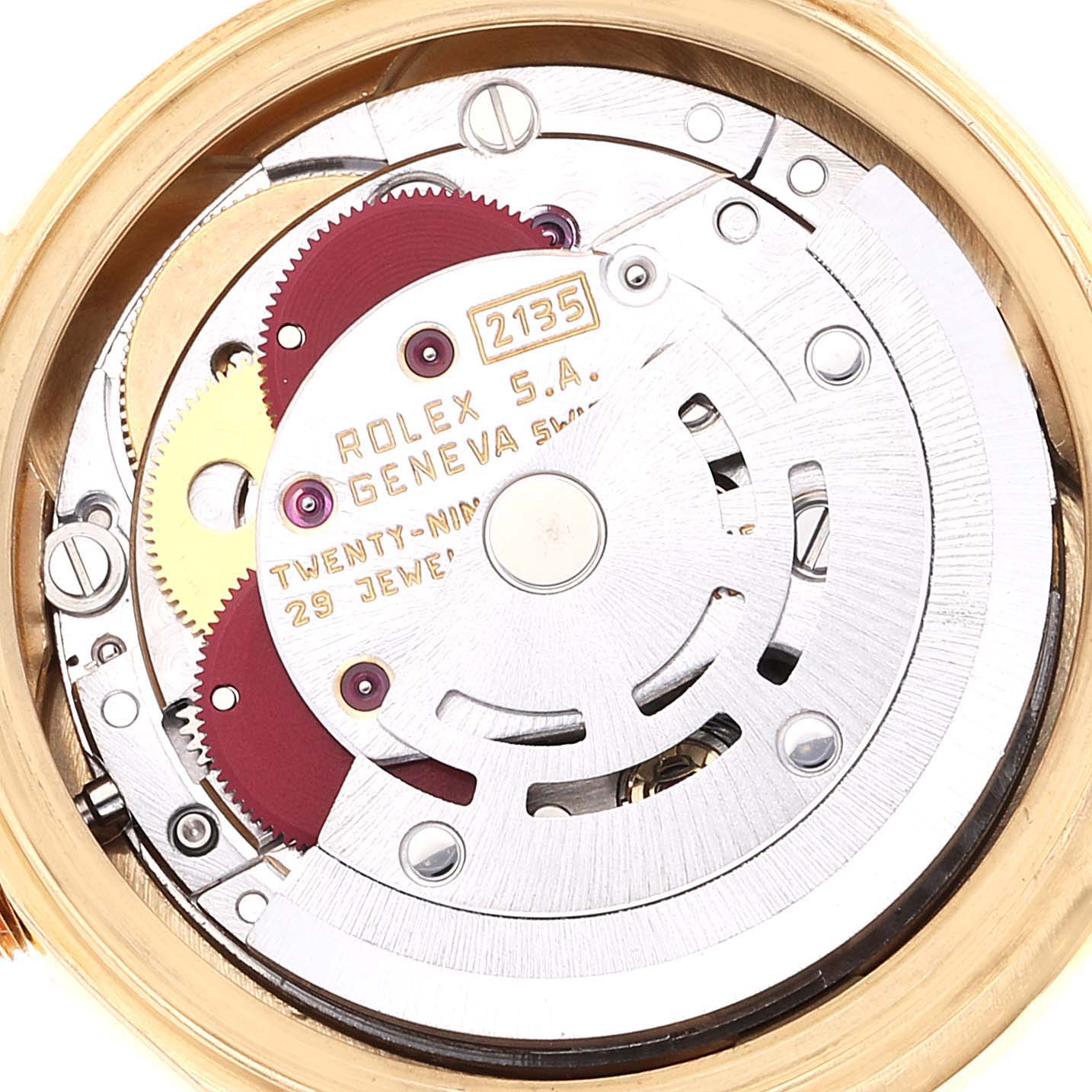 This is an image showing a close-up of the internal mechanism of a Rolex President 69158 Women
s Yellow Gold Champagne Dial 69158 Women
s Yellow Gold Champagne Dial model watch.