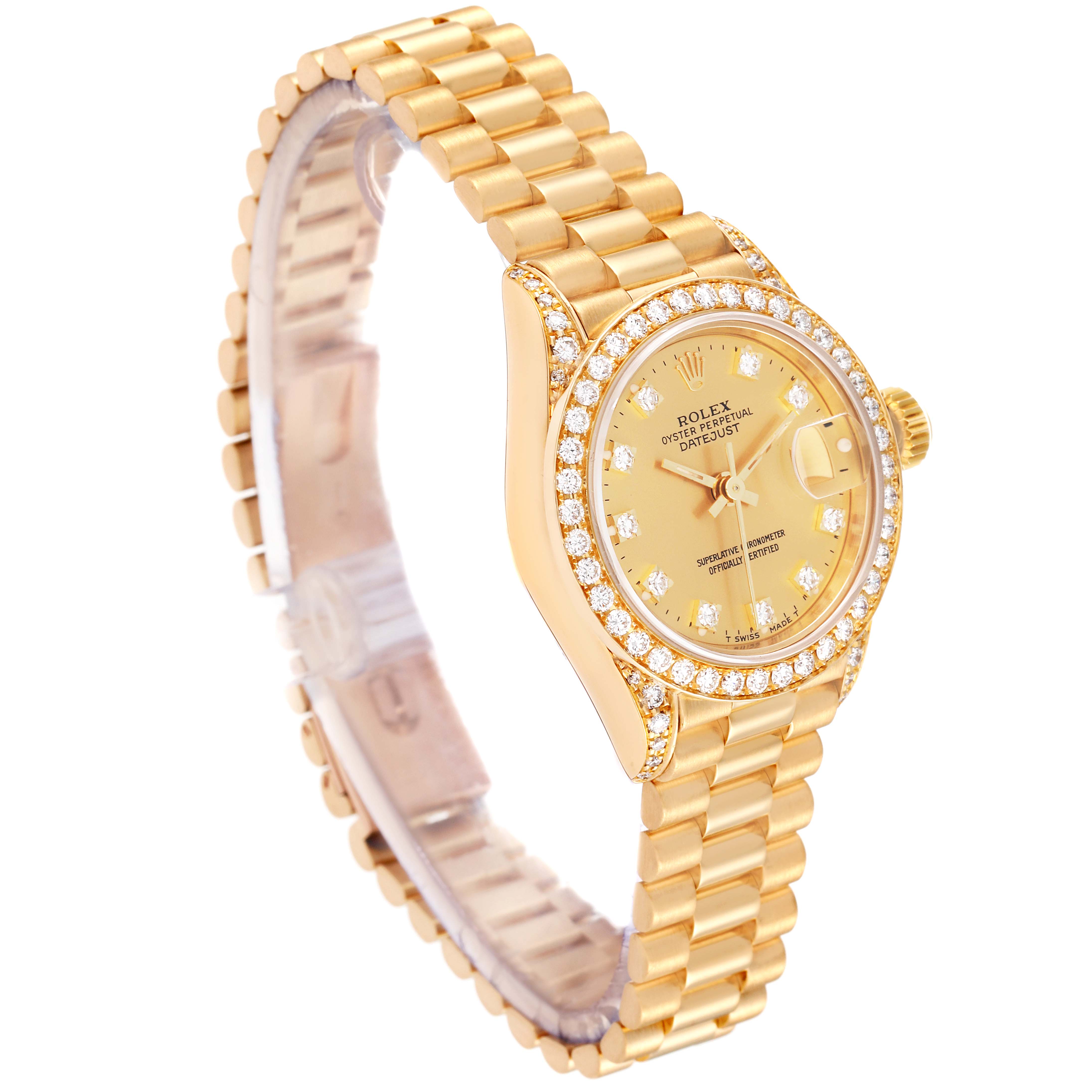 This image shows a side angle of a Rolex President 69158 Women
s Yellow Gold Champagne Dial 69158 Women
s Yellow Gold Champagne Dial model watch, highlighting its face, bezel, and bracelet.