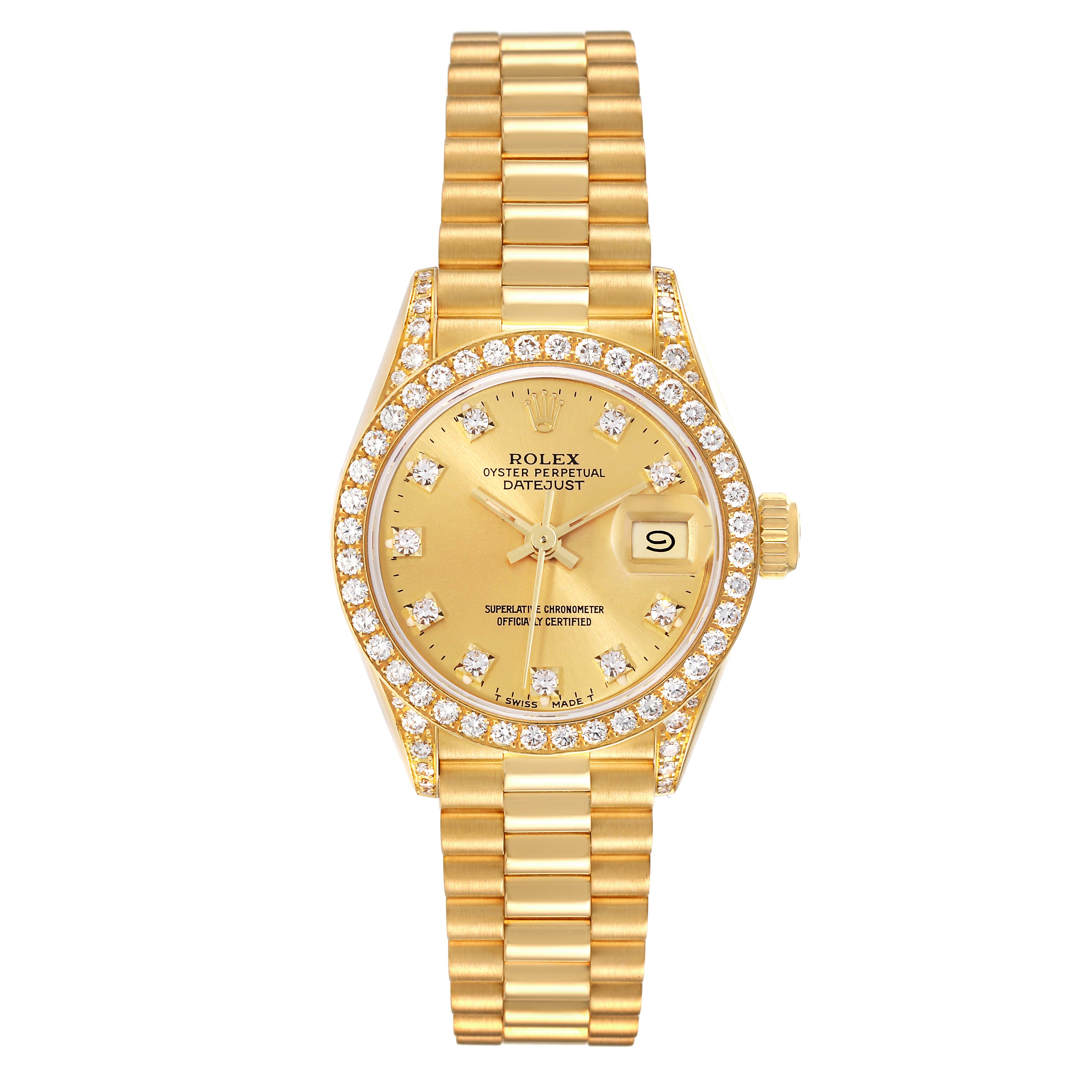 This image shows the front view of a Rolex President 69158 Women
s Yellow Gold Champagne Dial 69158 Women
s Yellow Gold Champagne Dial model watch, featuring a gold bracelet and a jeweled bezel.