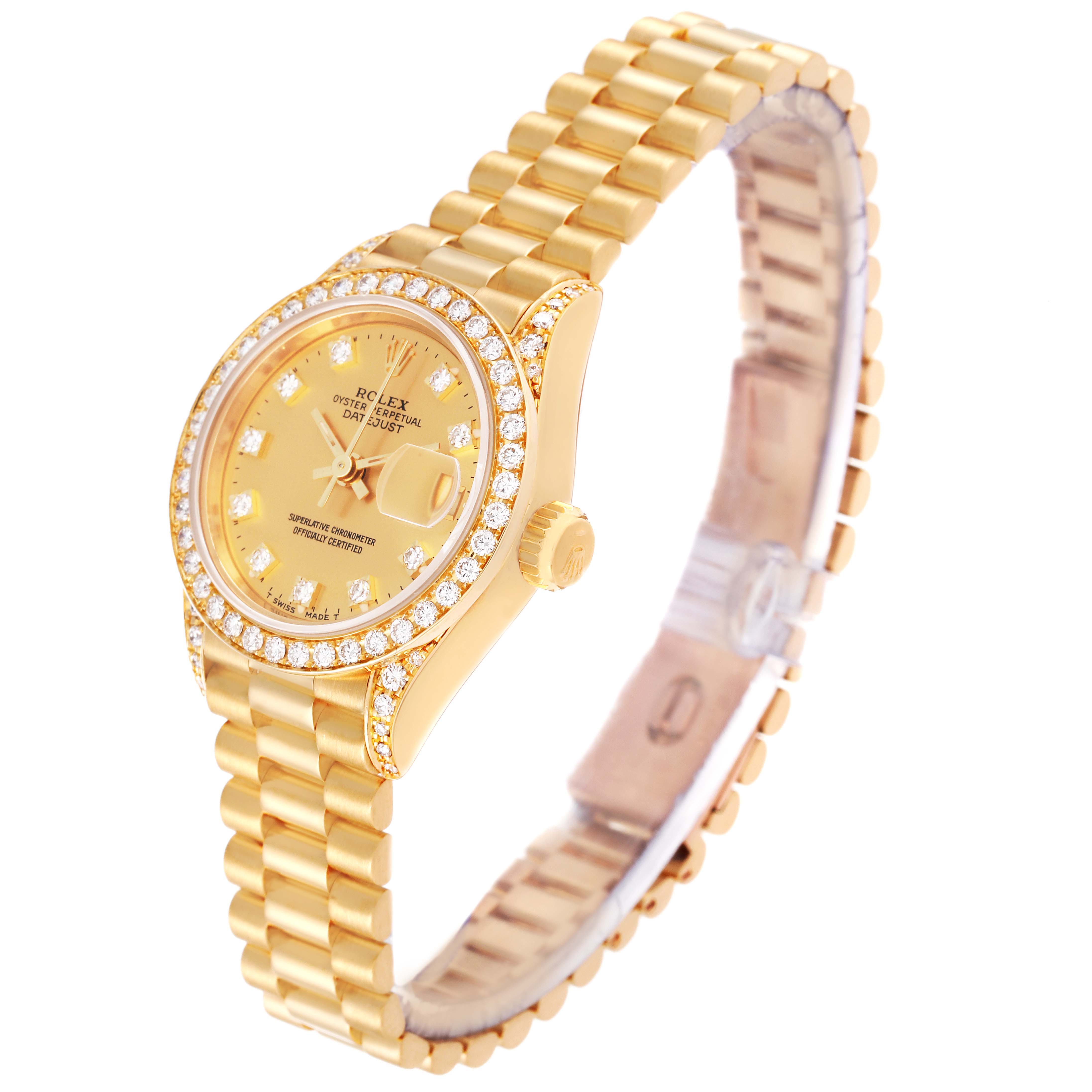 The image shows a Rolex President 69158 Women
s Yellow Gold Champagne Dial 69158 Women
s Yellow Gold Champagne Dial model watch at a slight angle, highlighting the face, bezel, and band.