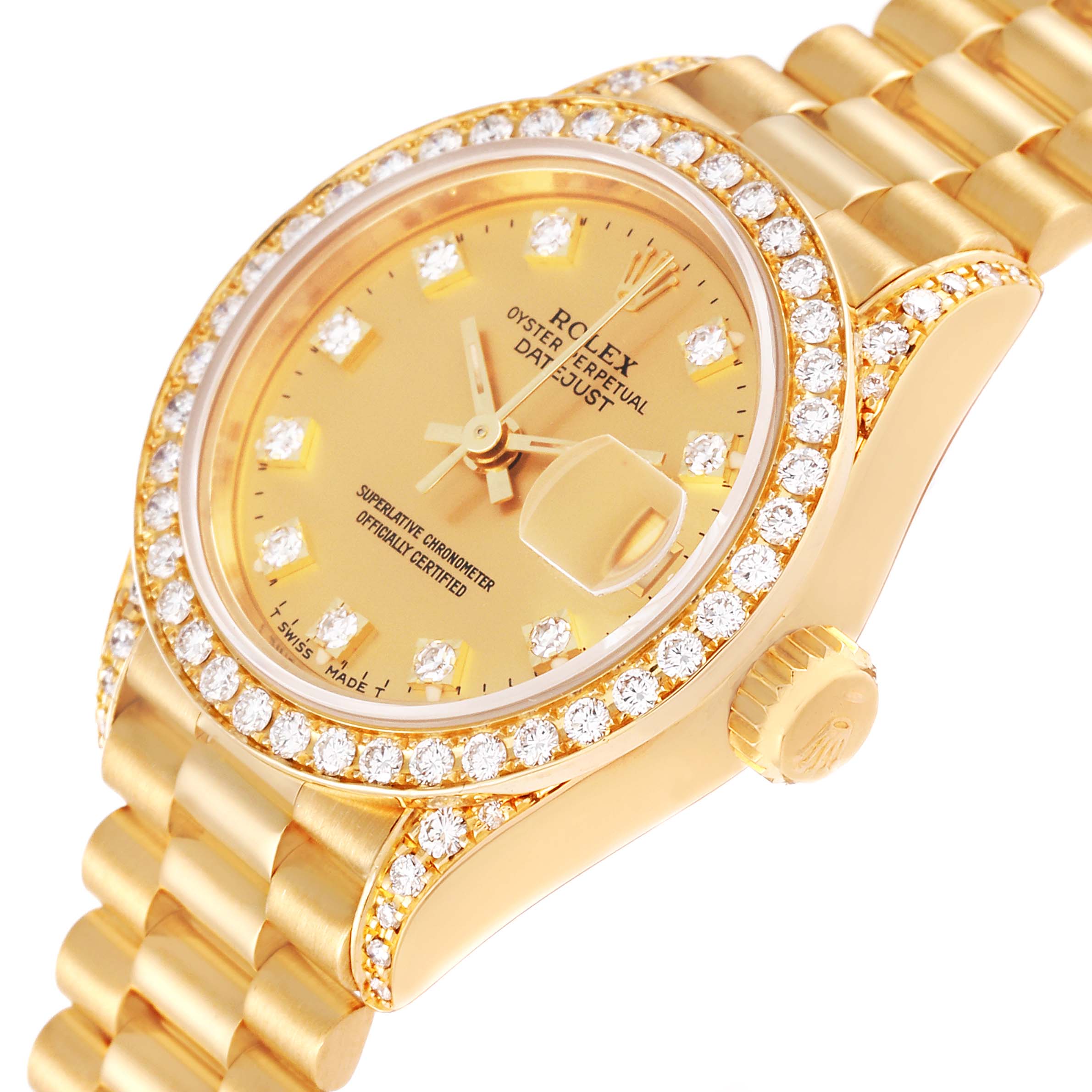 The image shows a close-up angled view of the dial, bezel, crown, and part of the bracelet of a Rolex President 69158 Women
s Yellow Gold Champagne Dial 69158 Women
s Yellow Gold Champagne Dial model watch.