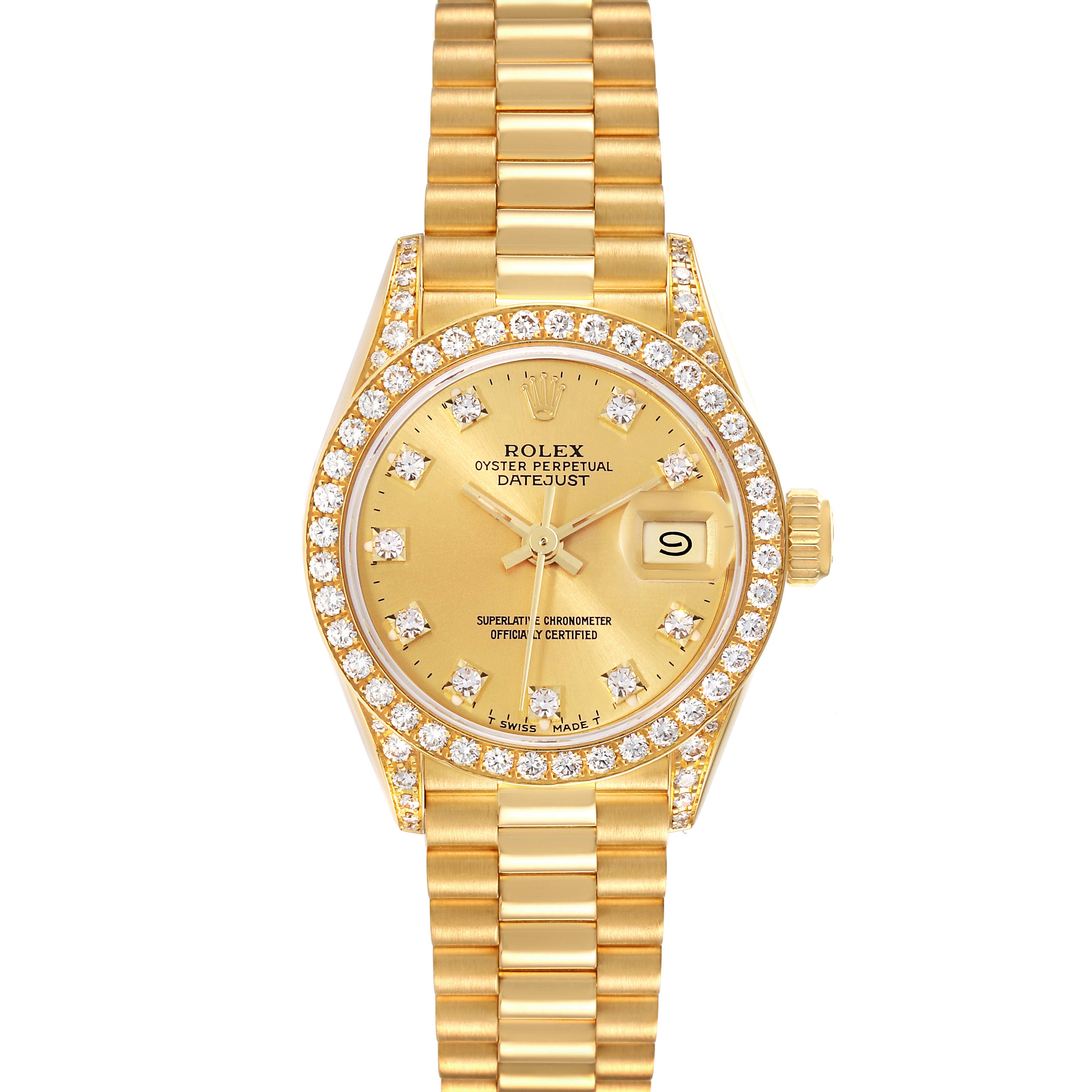 This image shows the front view of a Rolex President 69158 Women
s Yellow Gold Champagne Dial 69158 Women
s Yellow Gold Champagne Dial model watch, including the dial, bezel, and bracelet.
