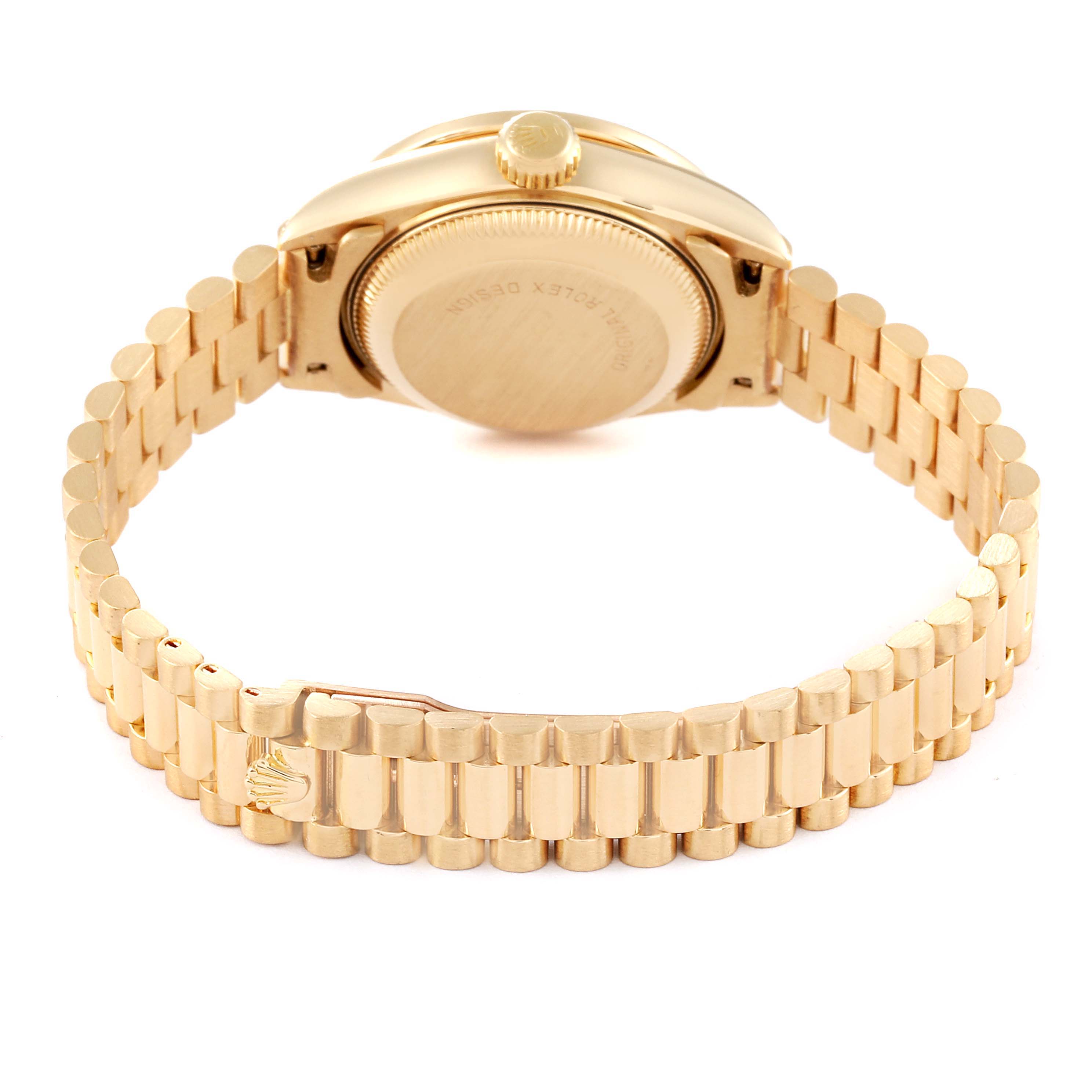 This image shows the back and bracelet of a Rolex President 69158 Women
s Yellow Gold Champagne Dial 69158 Women
s Yellow Gold Champagne Dial model watch, displaying the gold links and case back.