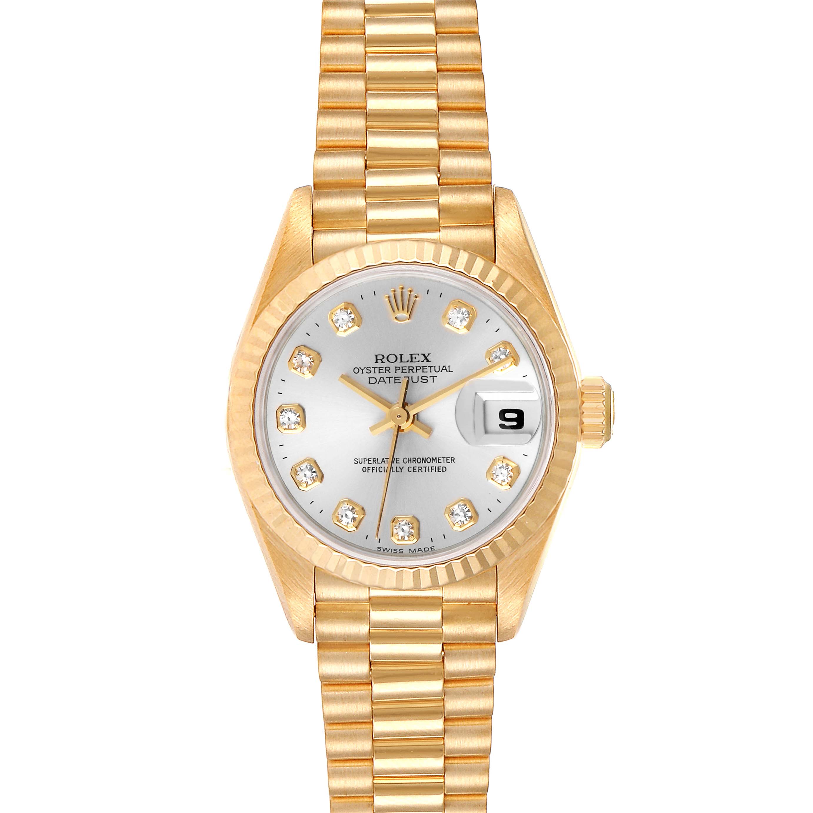 The image shows a frontal view of a Rolex President 69178 Women
s Yellow Gold Silver Dial 69178 Women
s Yellow Gold Silver Dial model watch, featuring its dial, bezel, and bracelet.