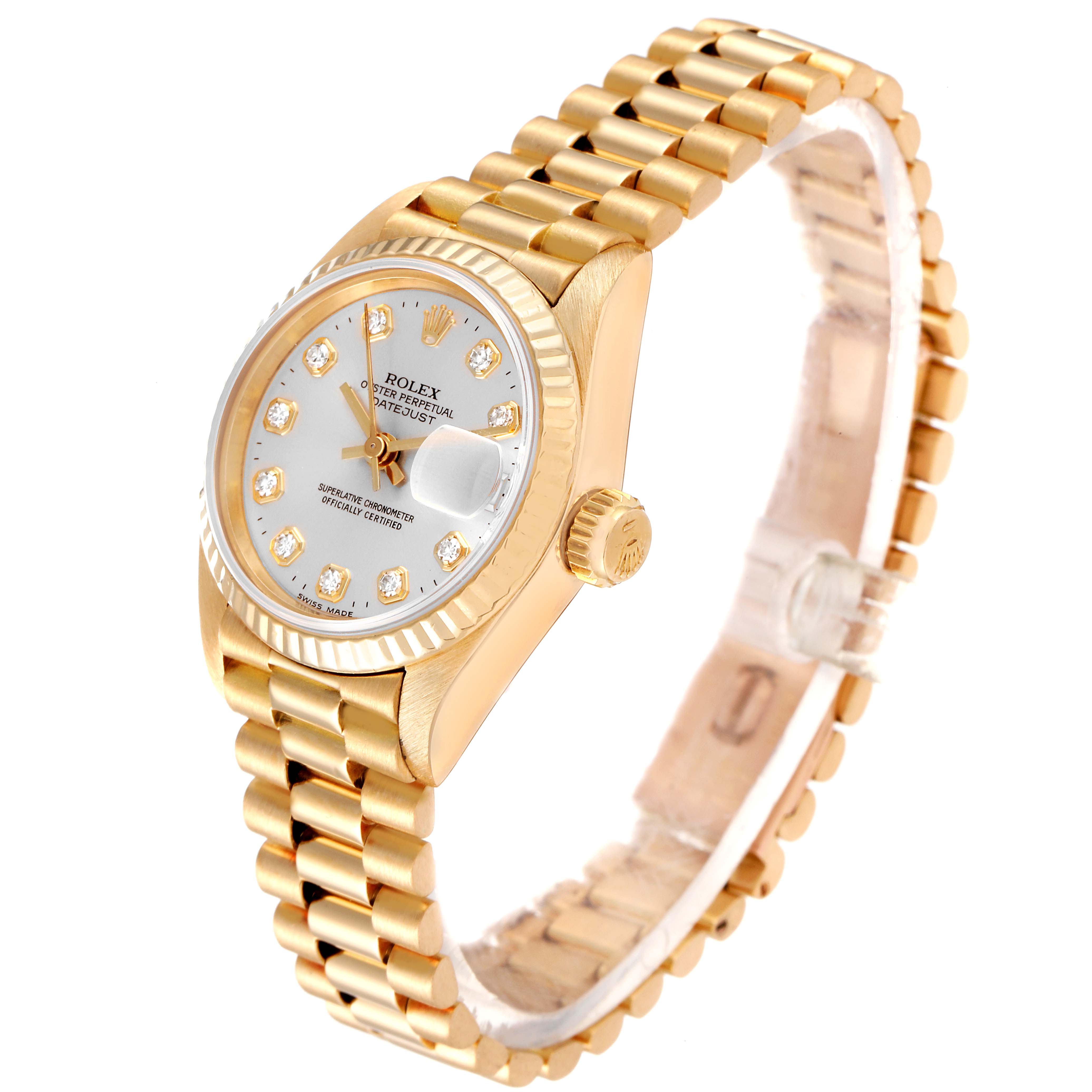 This image shows a side and top view of a Rolex President 69178 Women
s Yellow Gold Silver Dial 69178 Women
s Yellow Gold Silver Dial model watch, highlighting its gold bracelet and diamond hour markers.