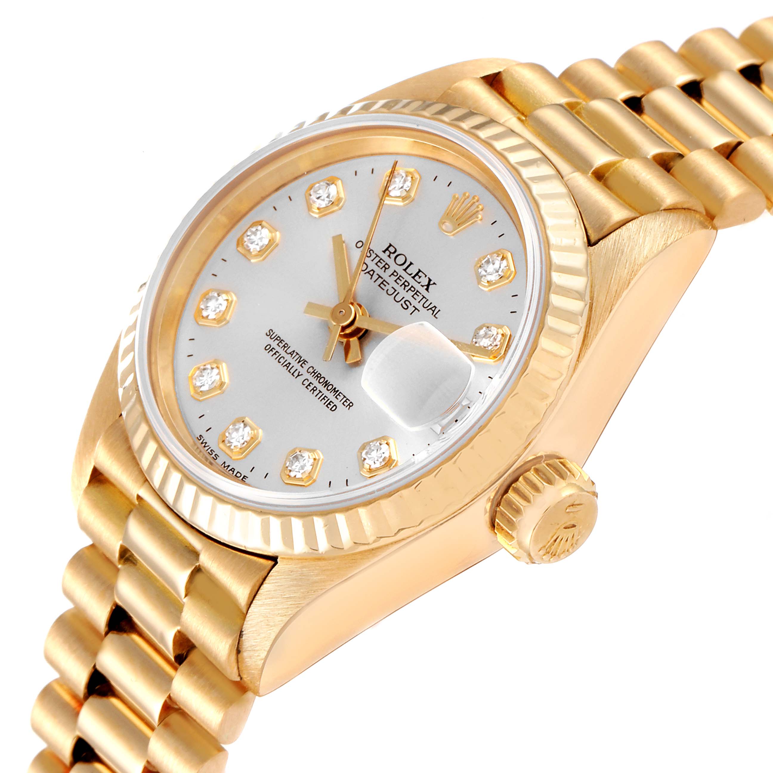 The image shows a close-up side angle of the Rolex President 69178 Women
s Yellow Gold Silver Dial 69178 Women
s Yellow Gold Silver Dial model, highlighting its dial, crown, and bracelet.