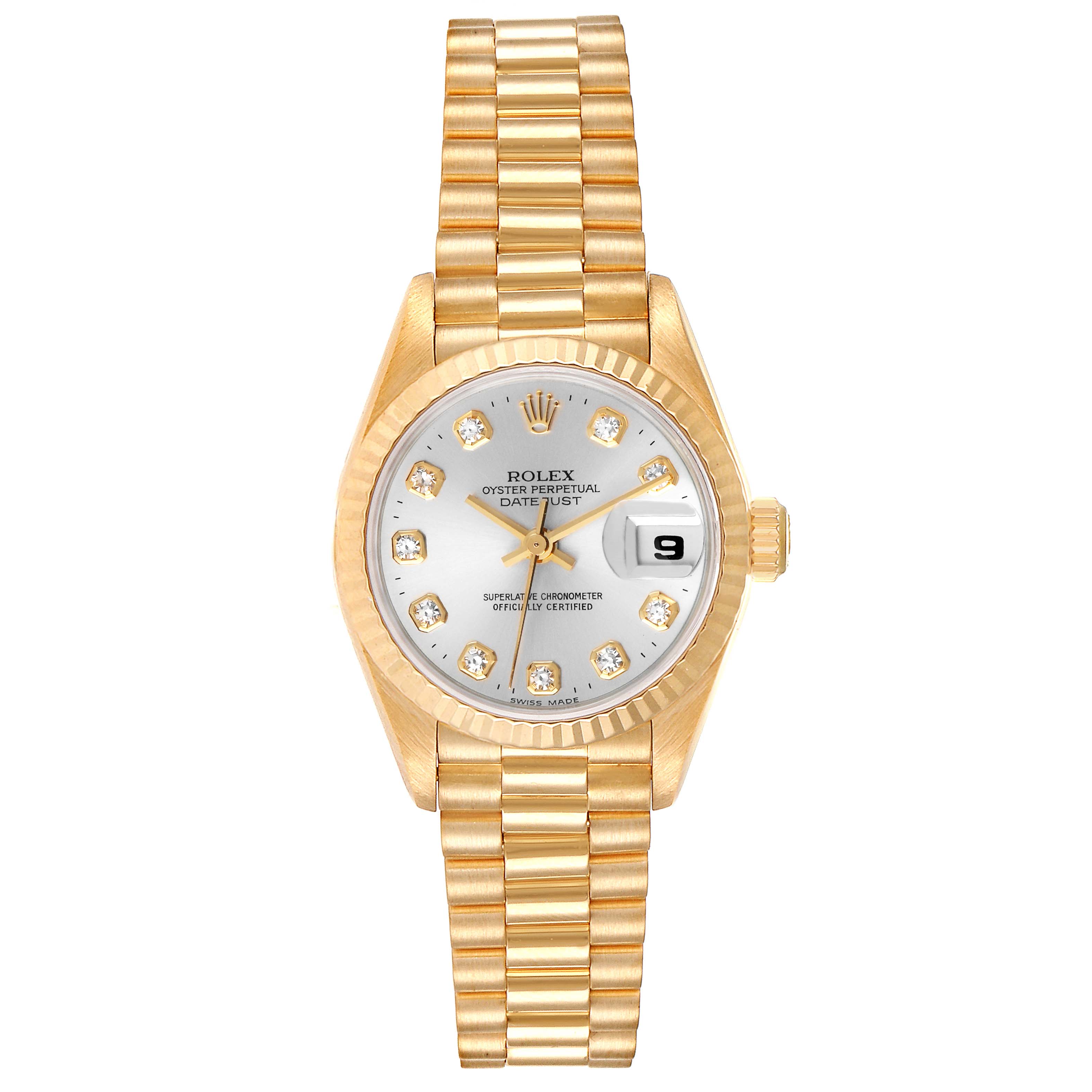 This image shows a Rolex President 69178 Women
s Yellow Gold Silver Dial 69178 Women
s Yellow Gold Silver Dial model watch from a top-down angle, highlighting its gold bracelet, bezel, and diamond-accented dial.