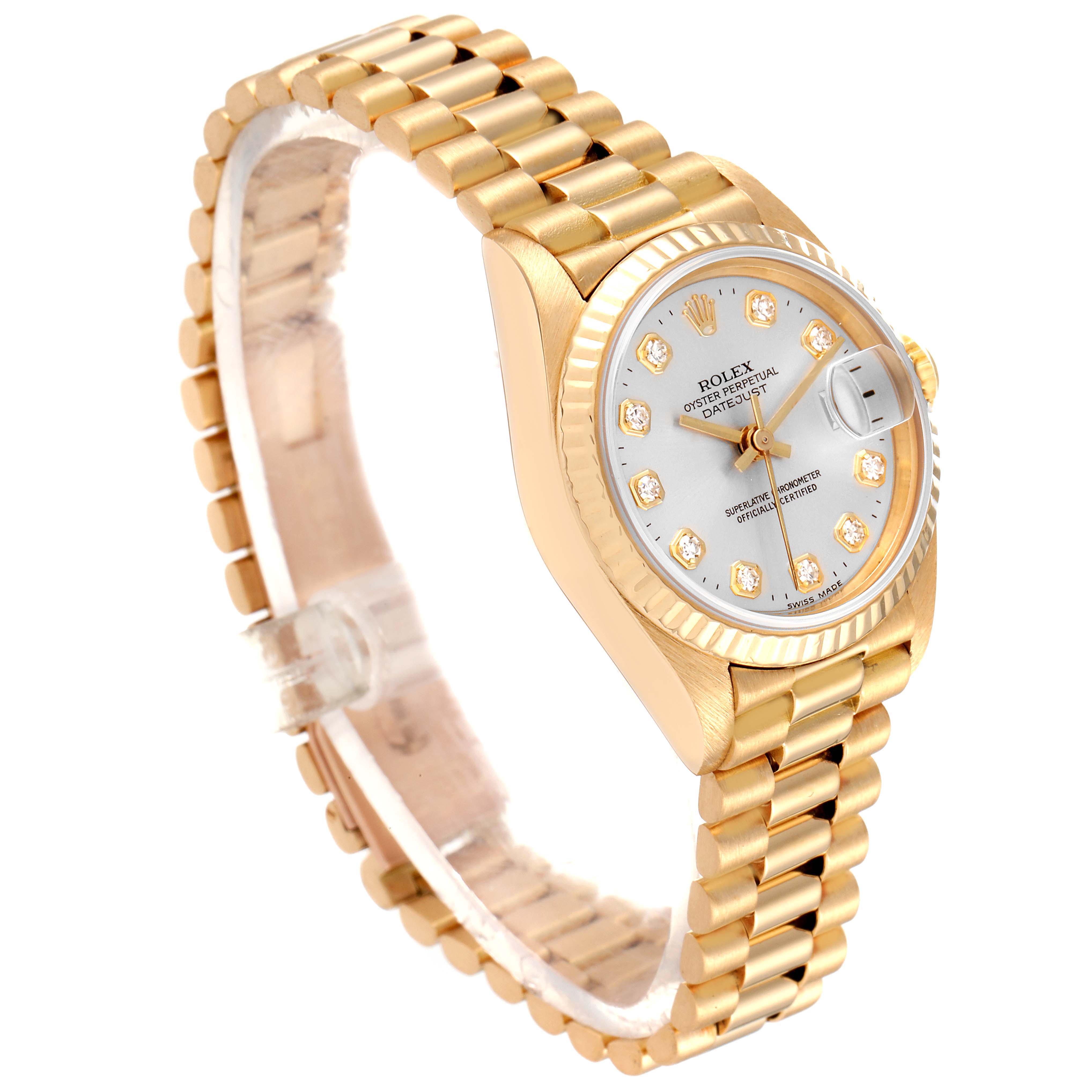 The Rolex President 69178 Women
s Yellow Gold Silver Dial 69178 Women
s Yellow Gold Silver Dial model watch is shown from a front angle, highlighting the dial, band, casing, and crown.