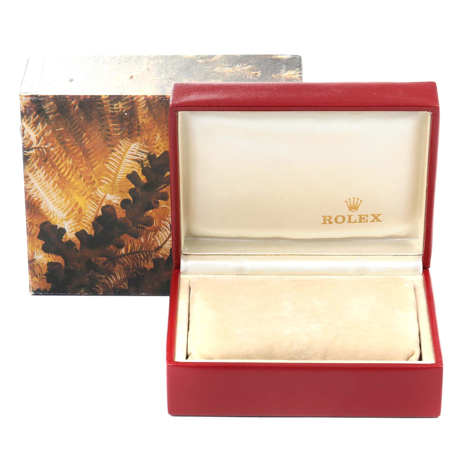 This image shows an open Rolex watch case for the President model, set against a decorative outer box.