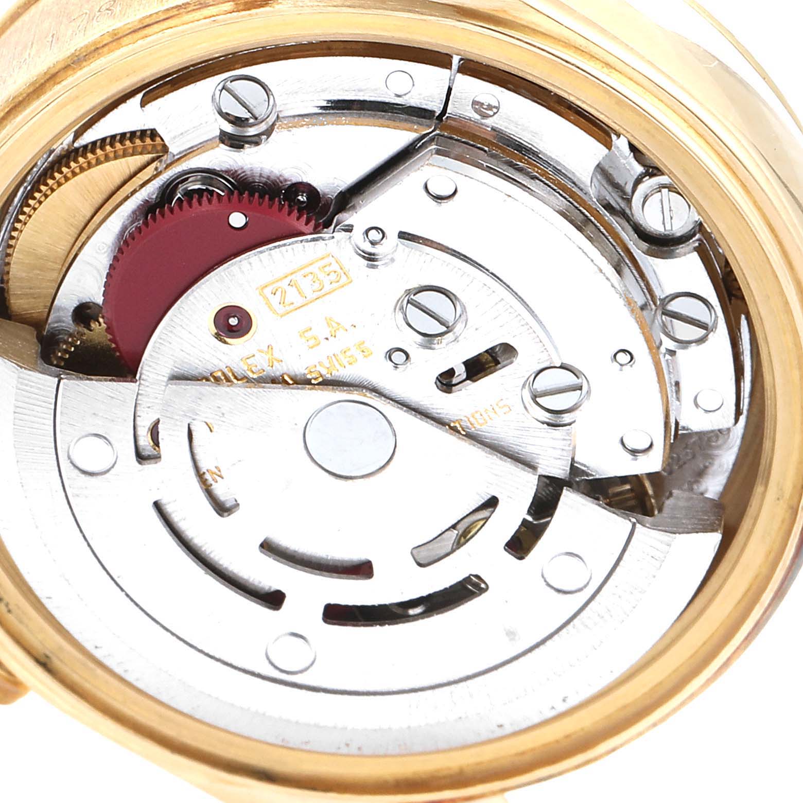 This image shows the internal movement and mechanics of a Rolex President 69178 Women
s Yellow Gold Silver Dial 69178 Women
s Yellow Gold Silver Dial model watch, viewed from the back.