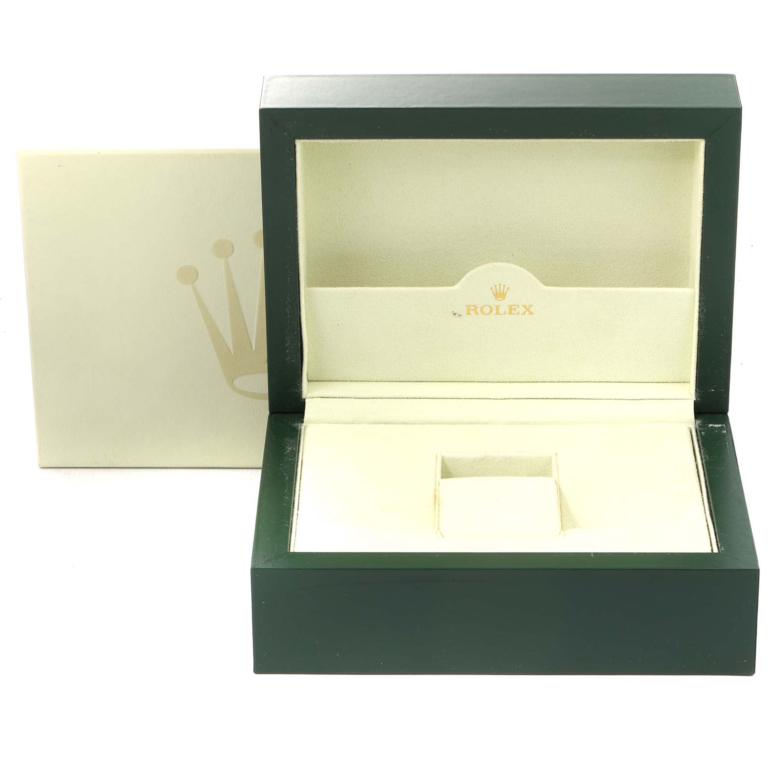 The image shows an open Rolex President 118296 Men's Platinum Blue Dial 118296 Men's Platinum Blue Dial model watch box, with the front facing forward.