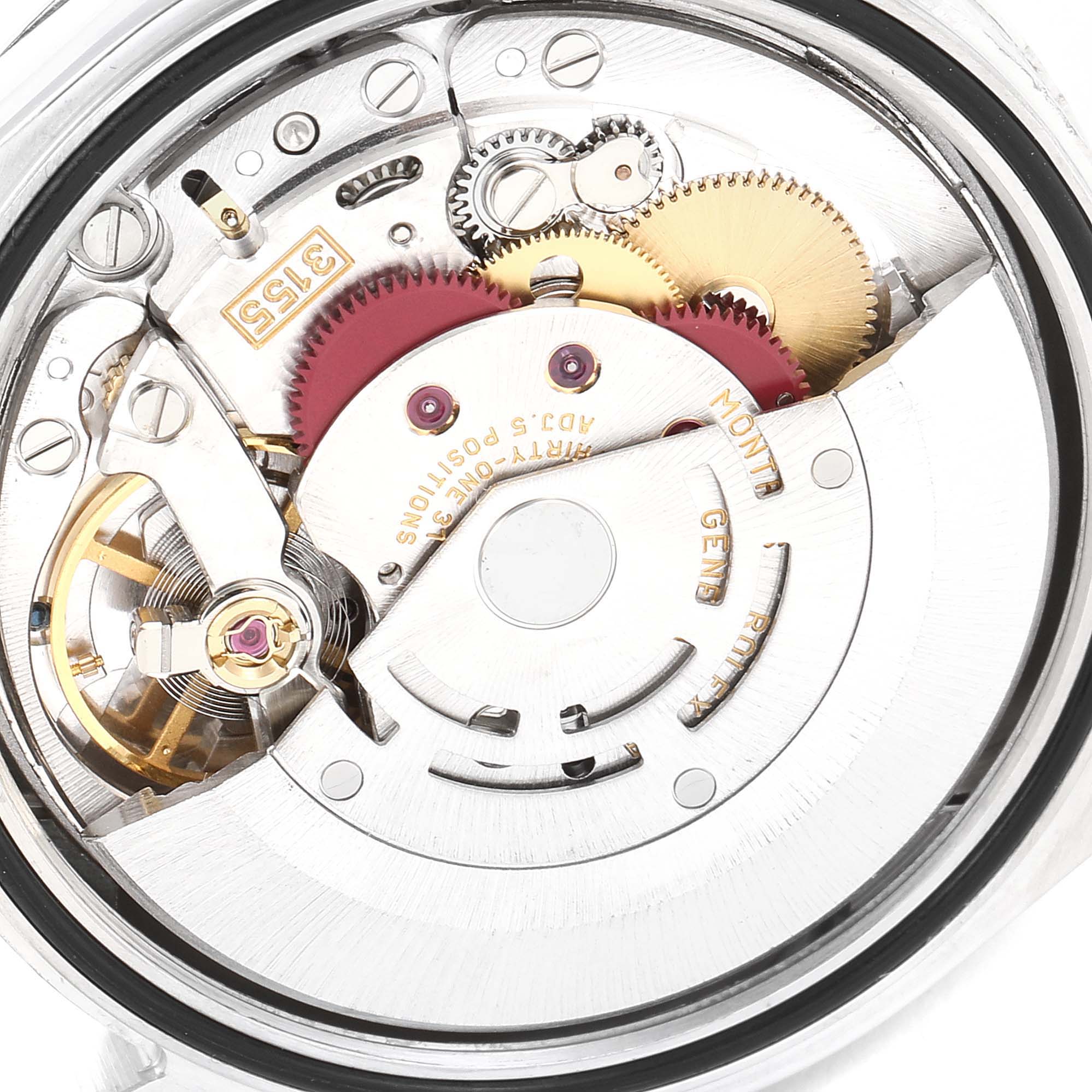 This is an internal view of the Rolex President 118296 Men's Platinum Blue Dial 118296 Men's Platinum Blue Dial model watch, depicting its mechanical movement and intricate gear assembly.