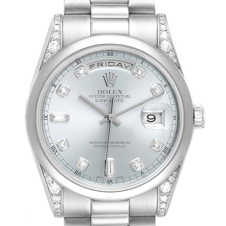 Rolex President Day-Date Platinum Ice Blue Dial Diamond Mens Watch 118296 SwissWatchExpo