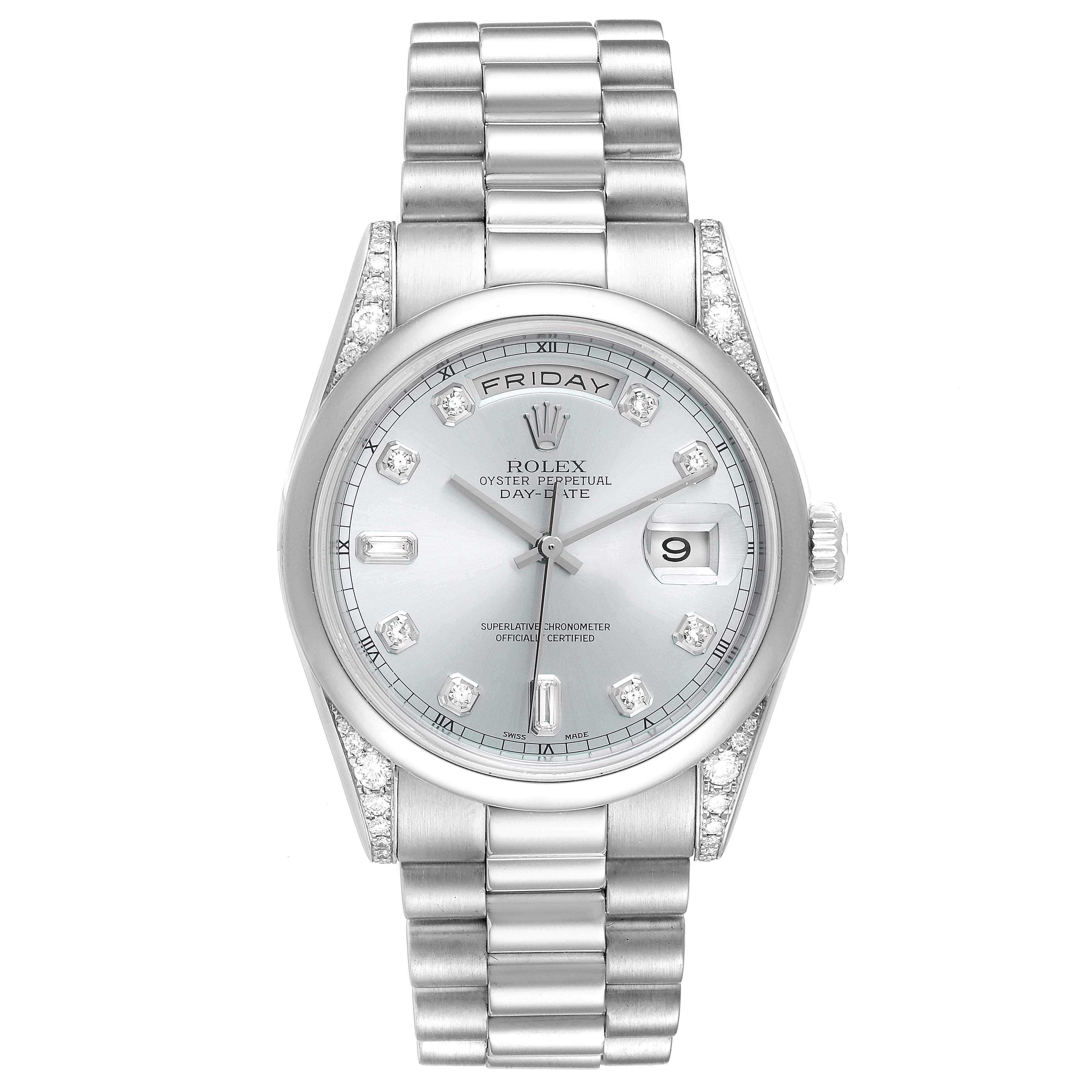 The image shows a front view of a Rolex Day-Date President model watch displaying the dial, bracelet, and crown.