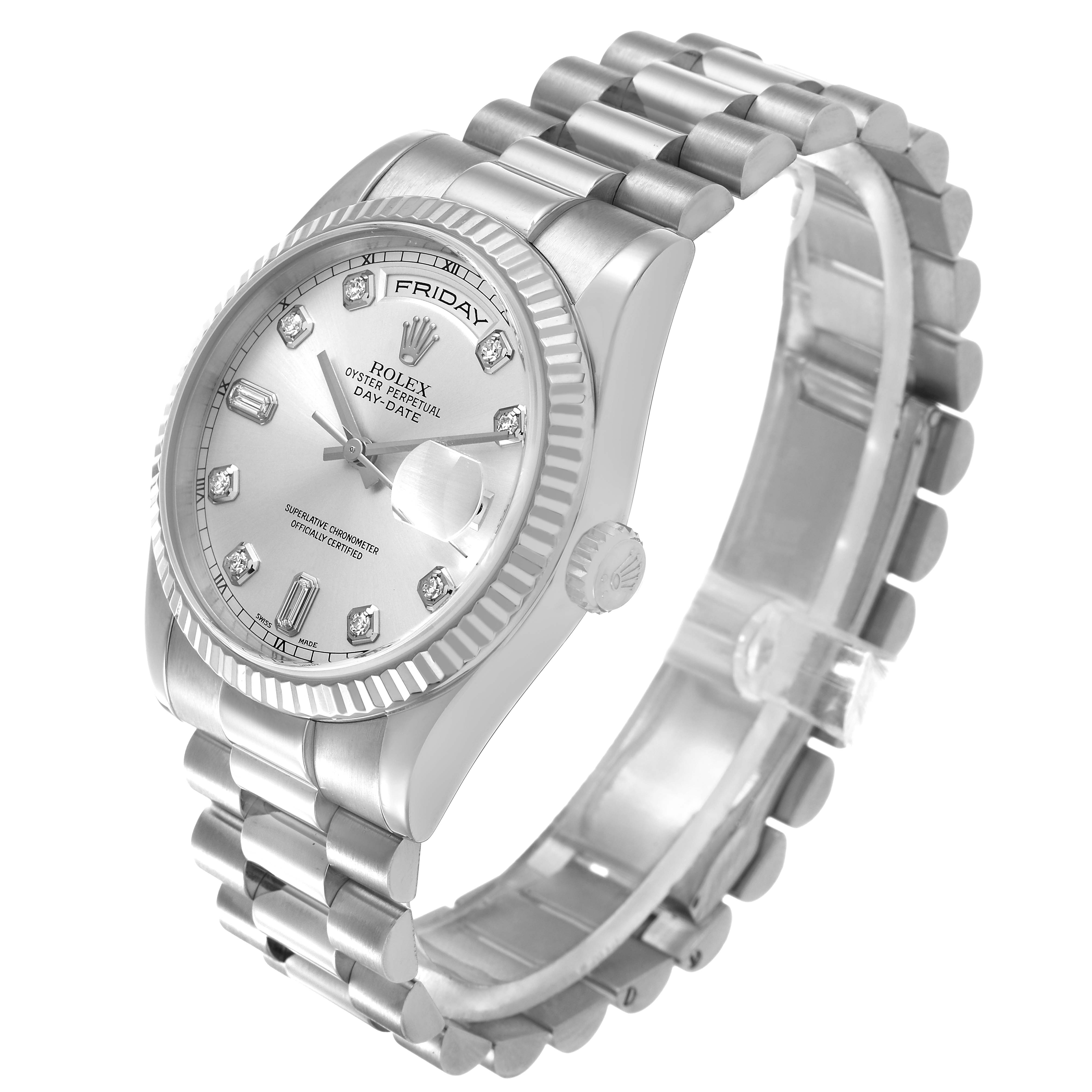 The Rolex President 118239 Men's White Gold Silver Dial watch is shown at an angled side view, highlighting the dial, bezel, crown, and bracelet.