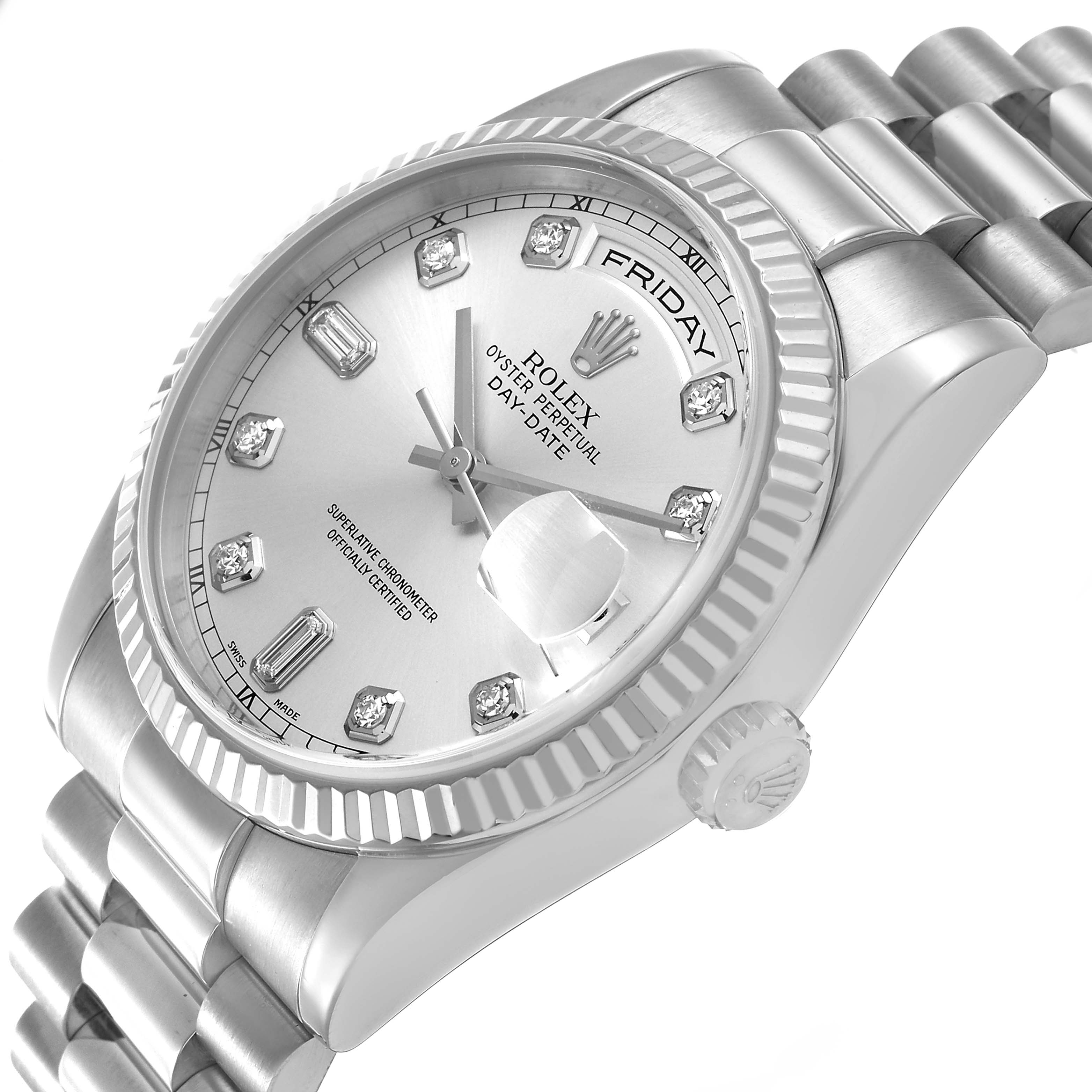 The Rolex President 118239 Men's White Gold Silver Dial model watch is shown at an angled side view, displaying the face, bezel, and part of the bracelet.