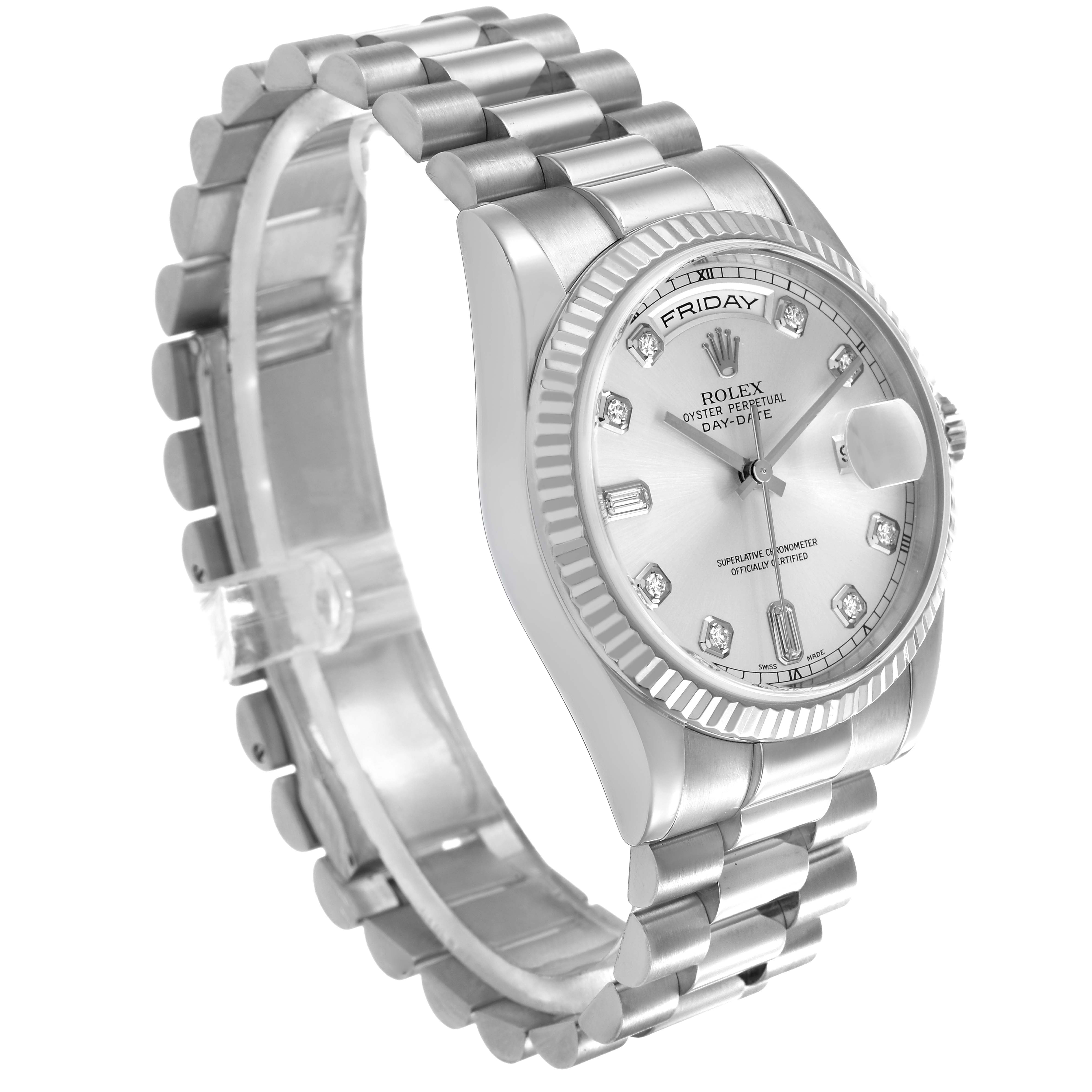 The Rolex President 118239 Men's White Gold Silver Dial model watch is shown at a slight angle, highlighting the bracelet, bezel, and dial with diamond hour markers.