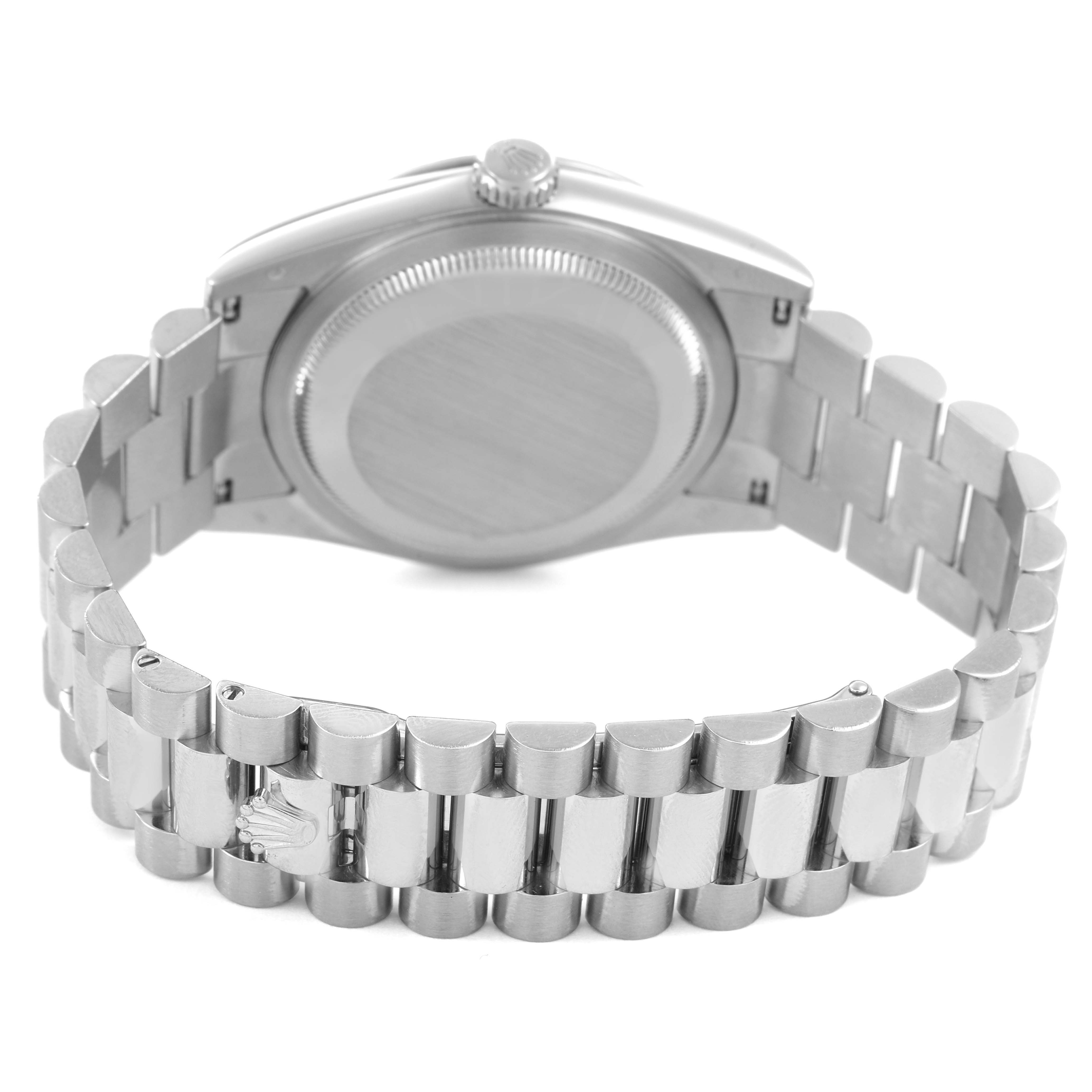 The image shows the back and bracelet of a Rolex President 118239 Men's White Gold Silver Dial model, highlighting the clasp and case back.