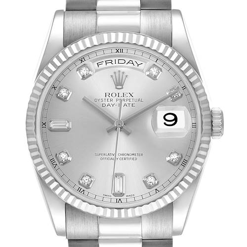 The Rolex President 118239 Men's White Gold Silver Dial model is shown from a front angle, featuring its silver dial, fluted bezel, and day-date display.