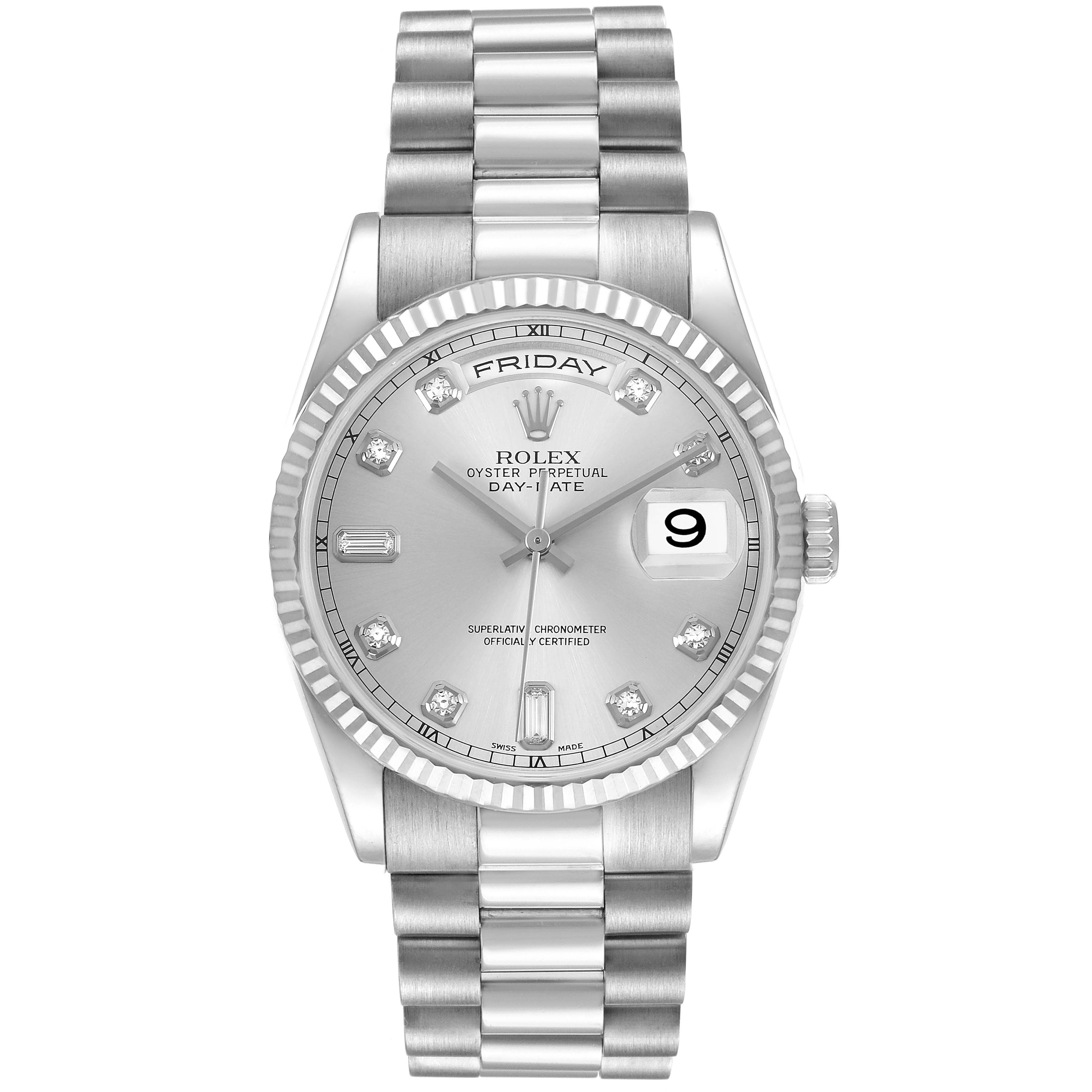 The Rolex President 118239 Men's White Gold Silver Dial model is shown from a top-down angle, displaying the dial, bezel, and bracelet.