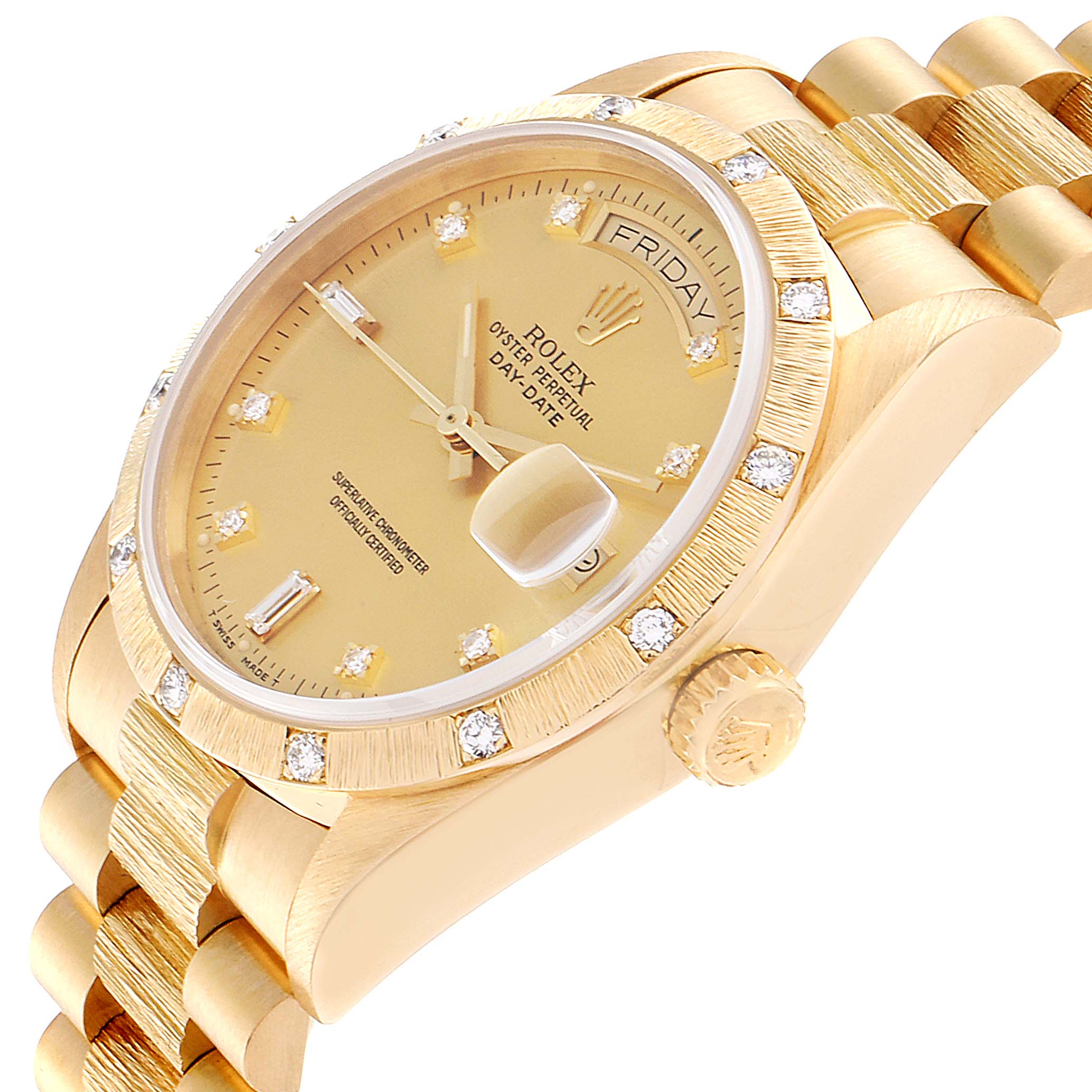 The image shows a close-up, angled view of the Rolex President 18108 Men
s Yellow Gold Champagne Dial 18108 Men
s Yellow Gold Champagne Dial model watch, highlighting its face, crown, and part of the bracelet.