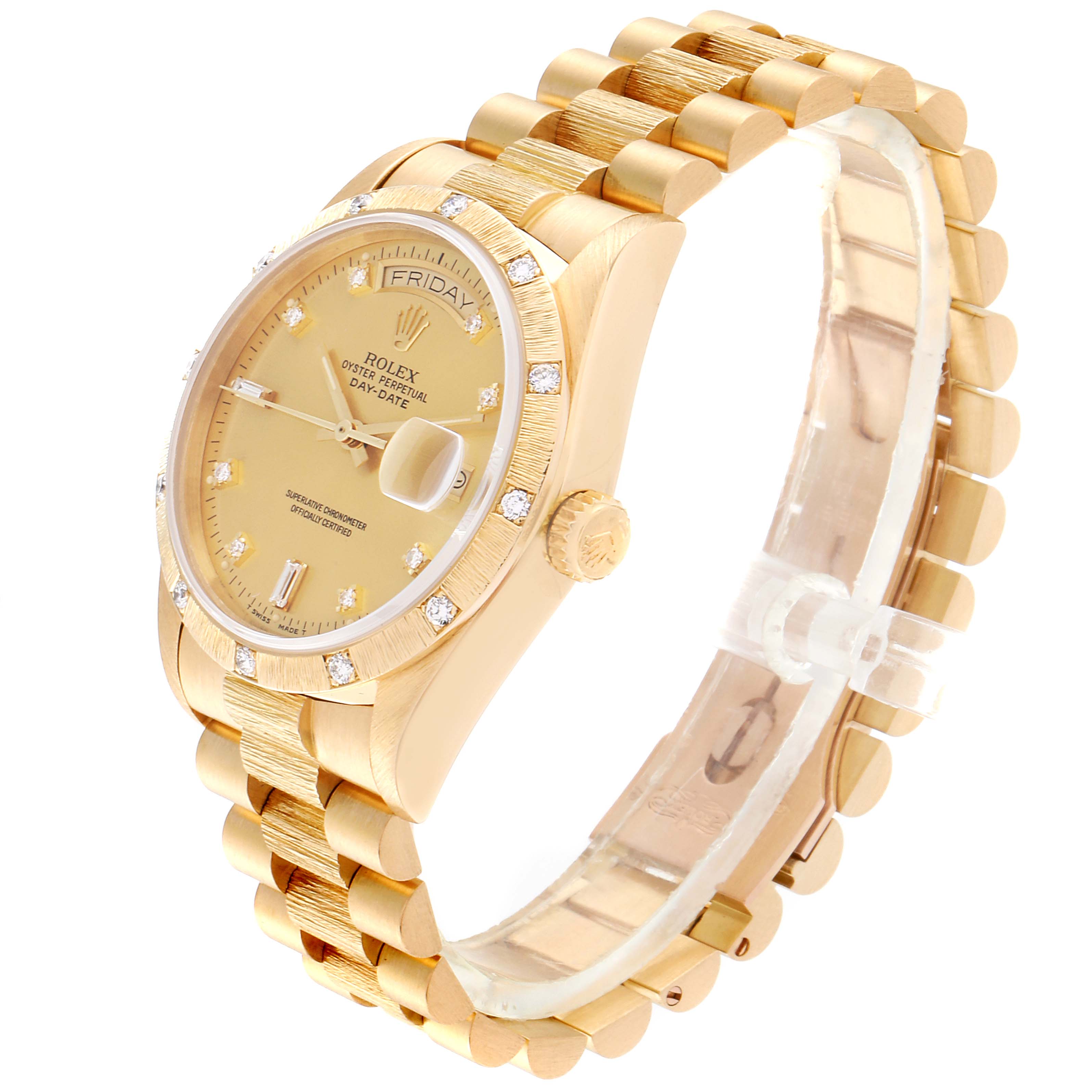 This image shows a Rolex President 18108 Men
s Yellow Gold Champagne Dial 18108 Men
s Yellow Gold Champagne Dial model watch from a three-quarter angle, highlighting the dial, bezel, bracelet, and crown.