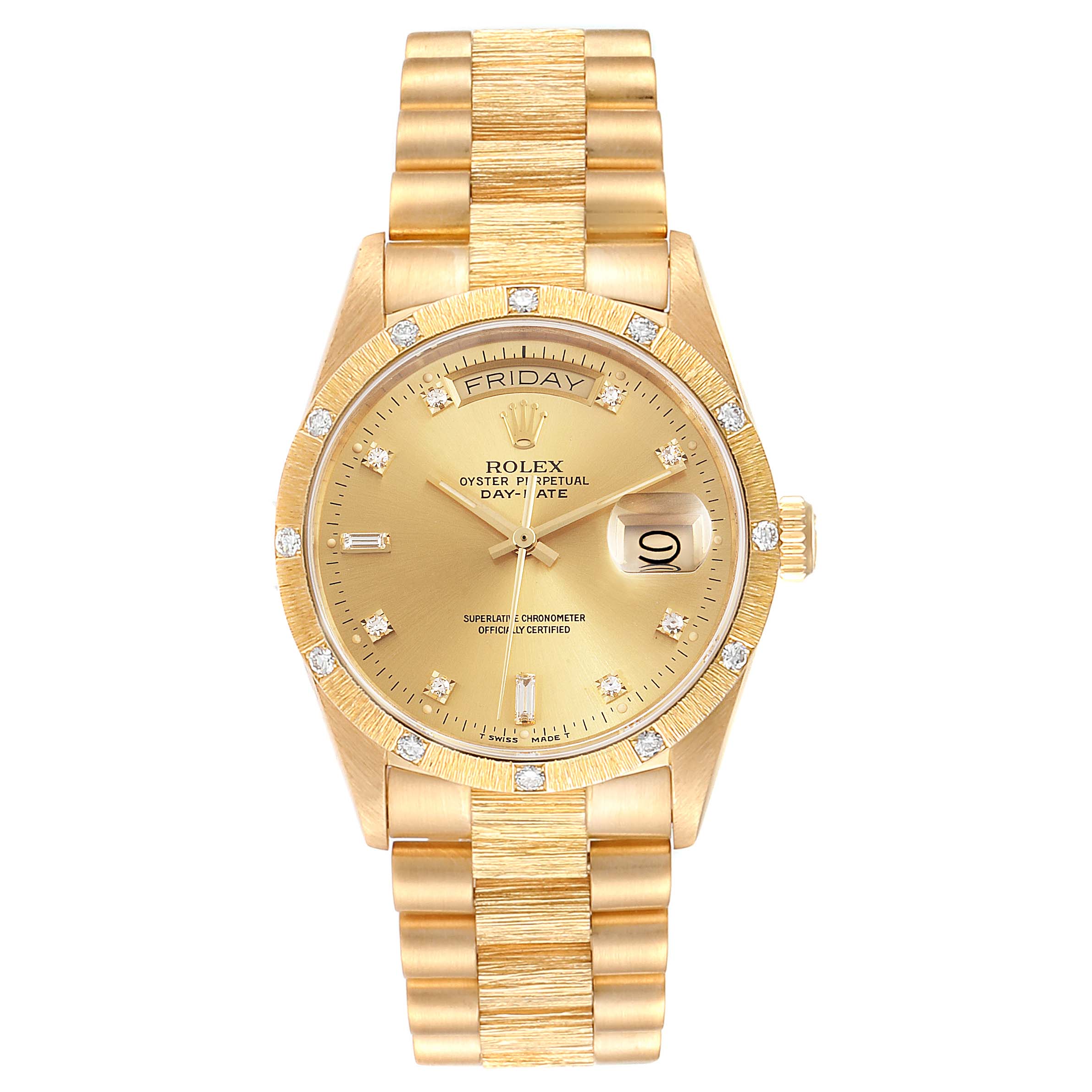 This image shows a front view of the Rolex President 18108 Men
s Yellow Gold Champagne Dial 18108 Men
s Yellow Gold Champagne Dial model watch, highlighting its gold bracelet, bezel, and dial.