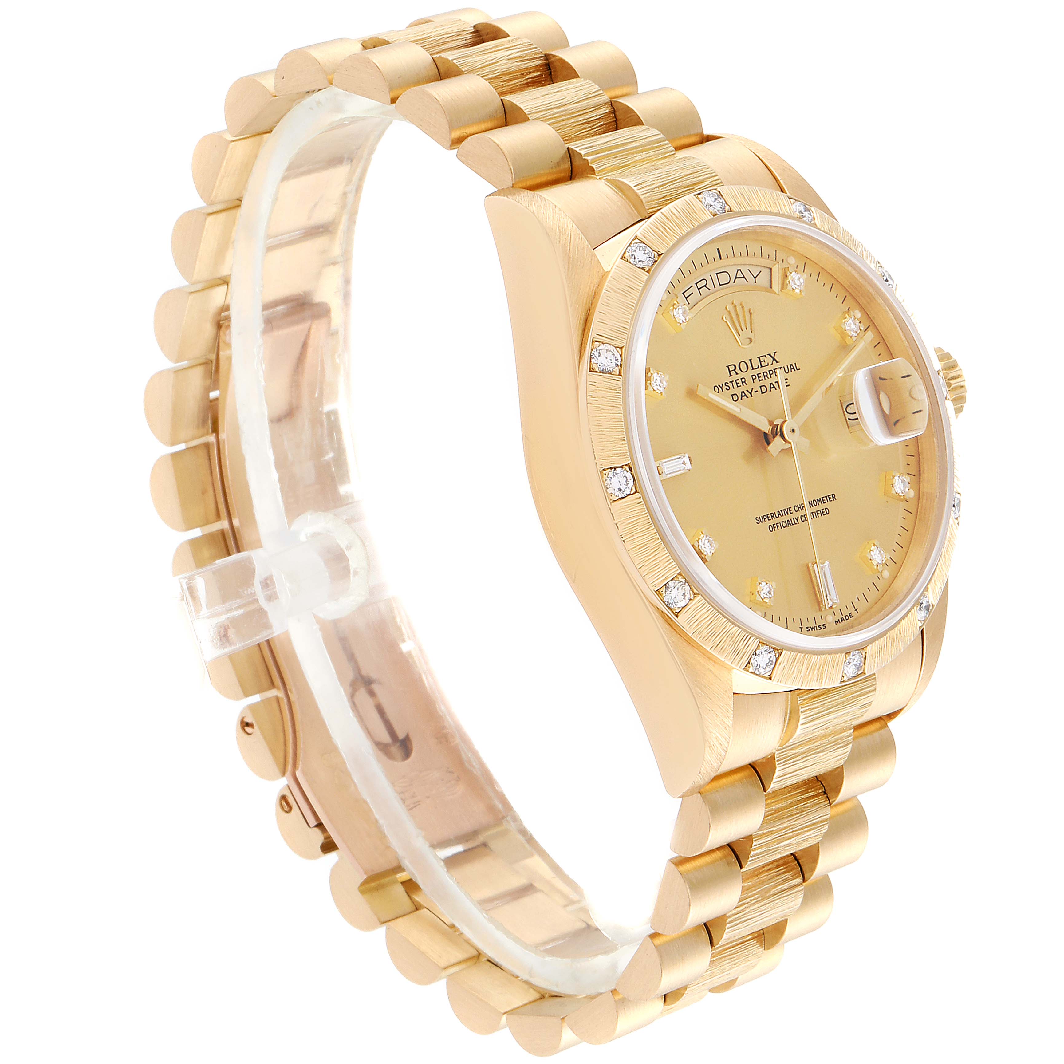 The image shows a side-angle view of a gold Rolex President 18108 Men
s Yellow Gold Champagne Dial 18108 Men
s Yellow Gold Champagne Dial model watch, highlighting its bracelet and diamond-embellished face.