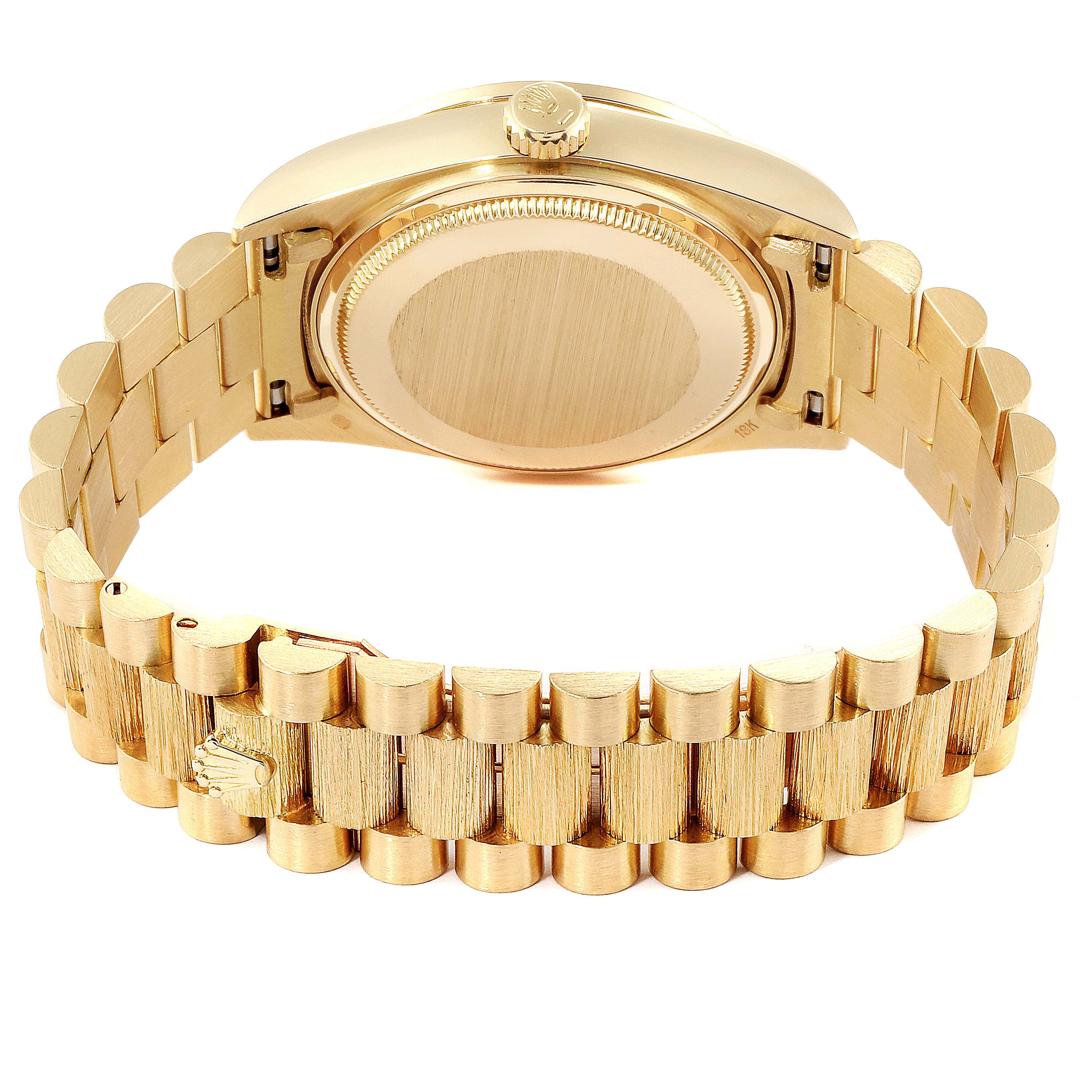 The image shows the back view of a gold Rolex President 18108 Men
s Yellow Gold Champagne Dial 18108 Men
s Yellow Gold Champagne Dial model watch, highlighting its bracelet and case back.