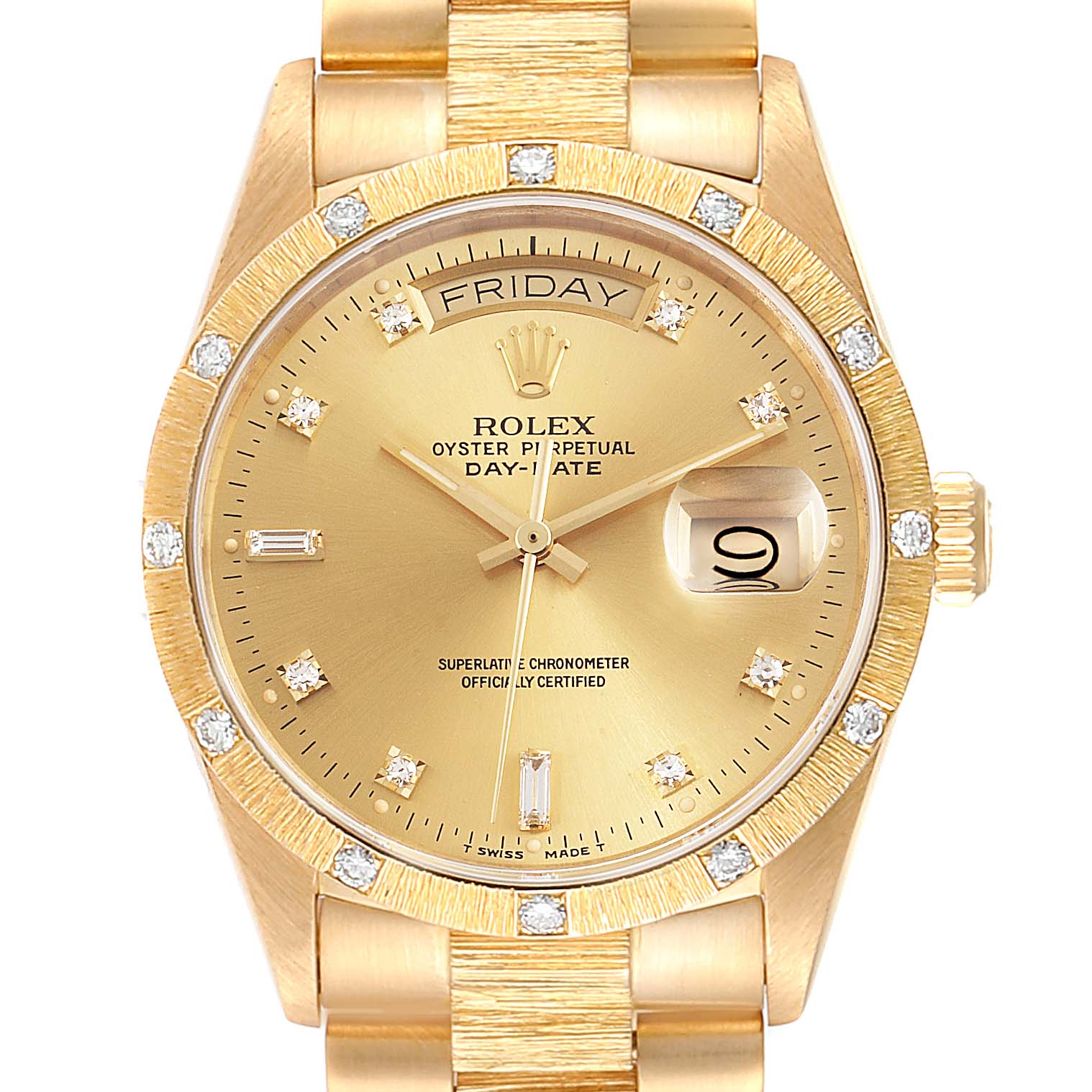 This image shows a frontal view of the Rolex President 18108 Men
s Yellow Gold Champagne Dial 18108 Men
s Yellow Gold Champagne Dial model watch, highlighting the dial, bezel, and part of the bracelet.