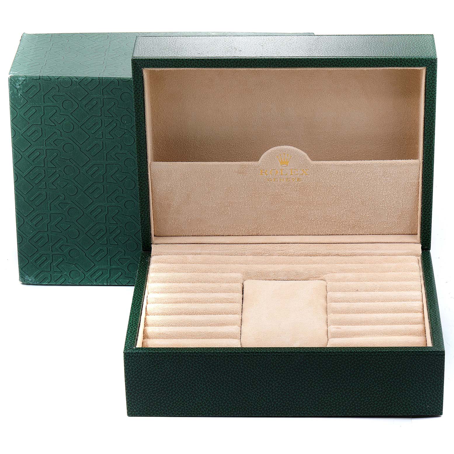 The image shows an open Rolex President 18108 Men
s Yellow Gold Champagne Dial 18108 Men
s Yellow Gold Champagne Dial watch box with green exterior and beige interior, designed for holding multiple watches.