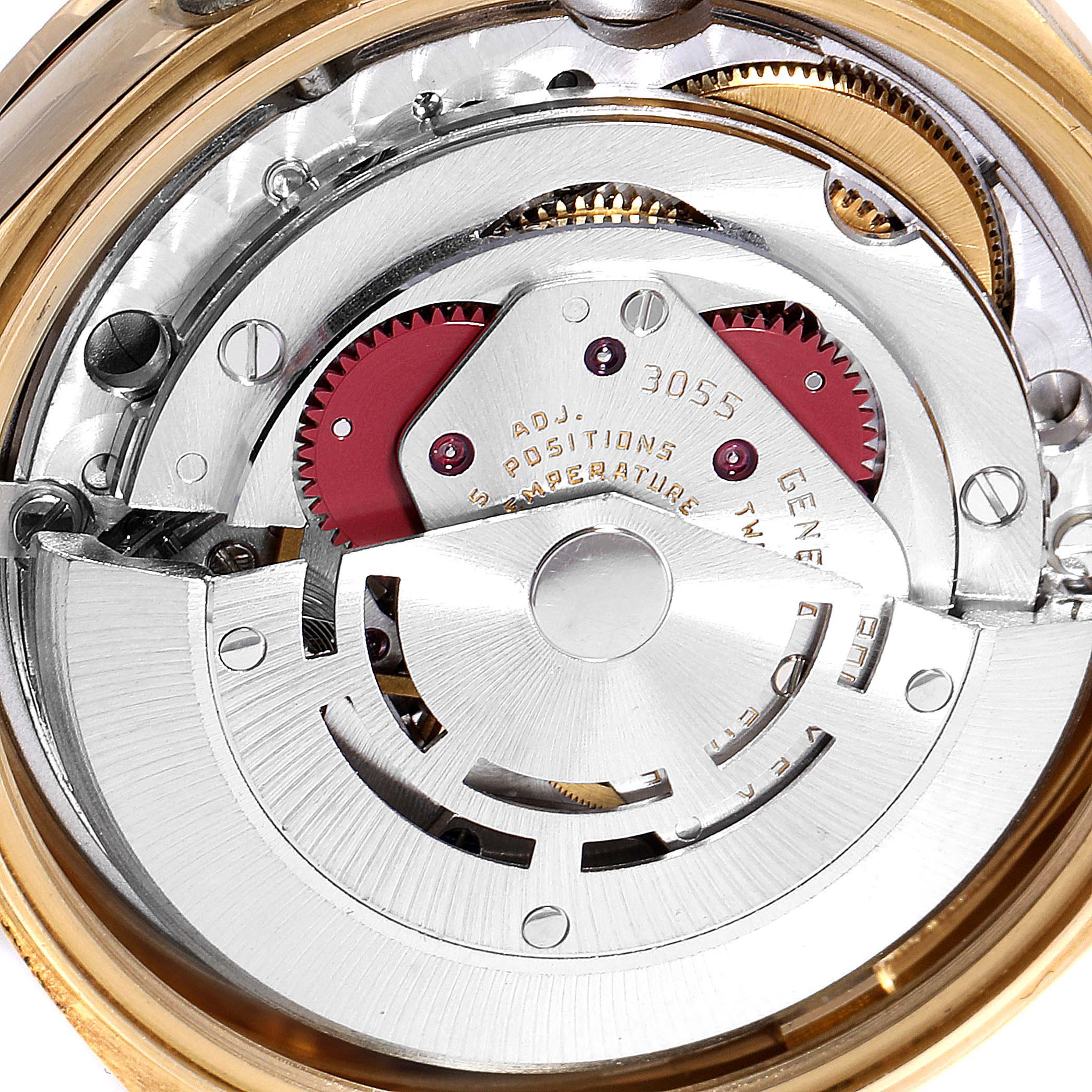 This image shows the internal mechanism and movement of a Rolex President 18108 Men
s Yellow Gold Champagne Dial 18108 Men
s Yellow Gold Champagne Dial model watch from a close-up angle.