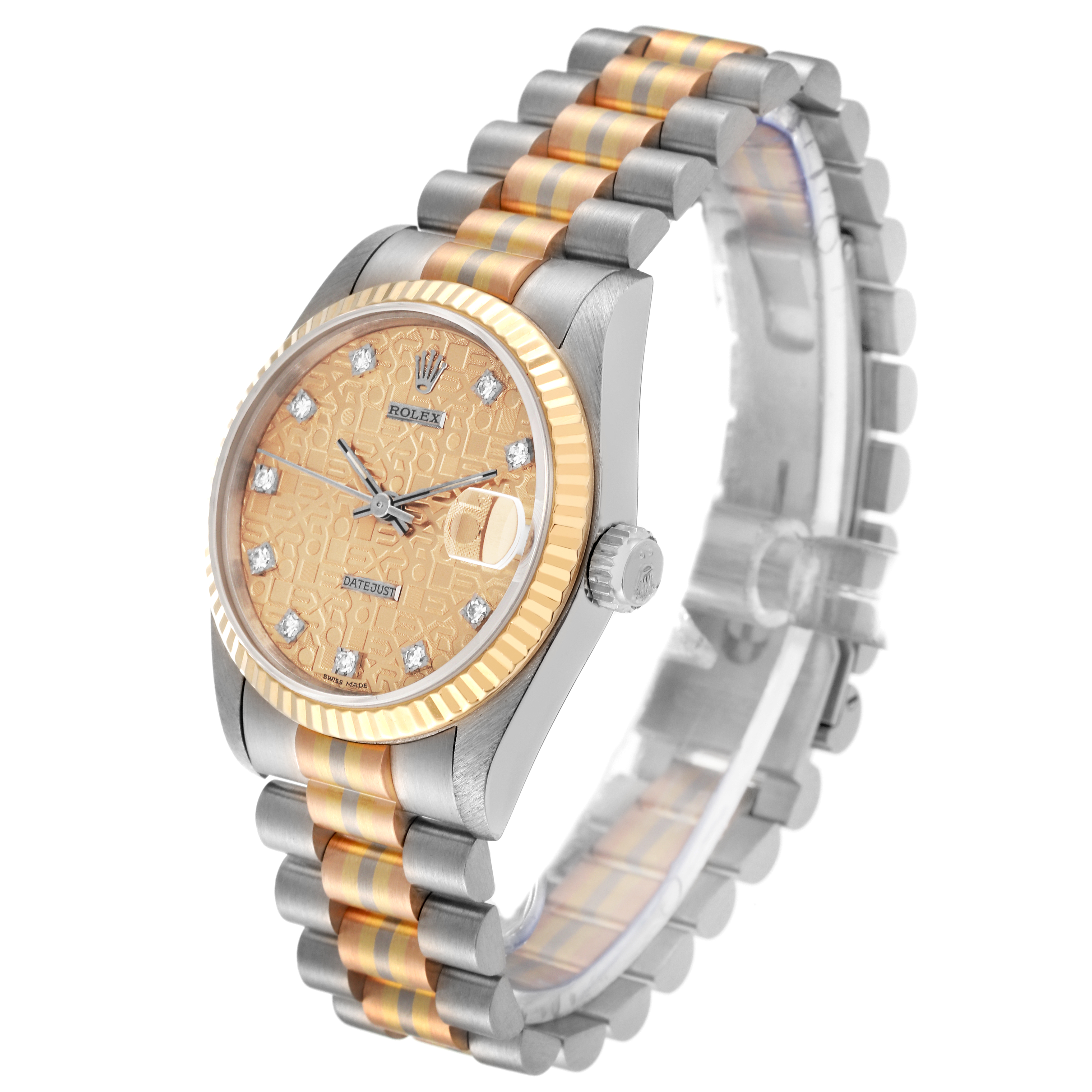 The image shows a side angle of a Rolex President 68279 Women
s Steel and Gold (two tone) Champagne Dial 68279 Women
s Steel and Gold (two tone) Champagne Dial model watch, highlighting the face, bezel, crown, and bracelet.