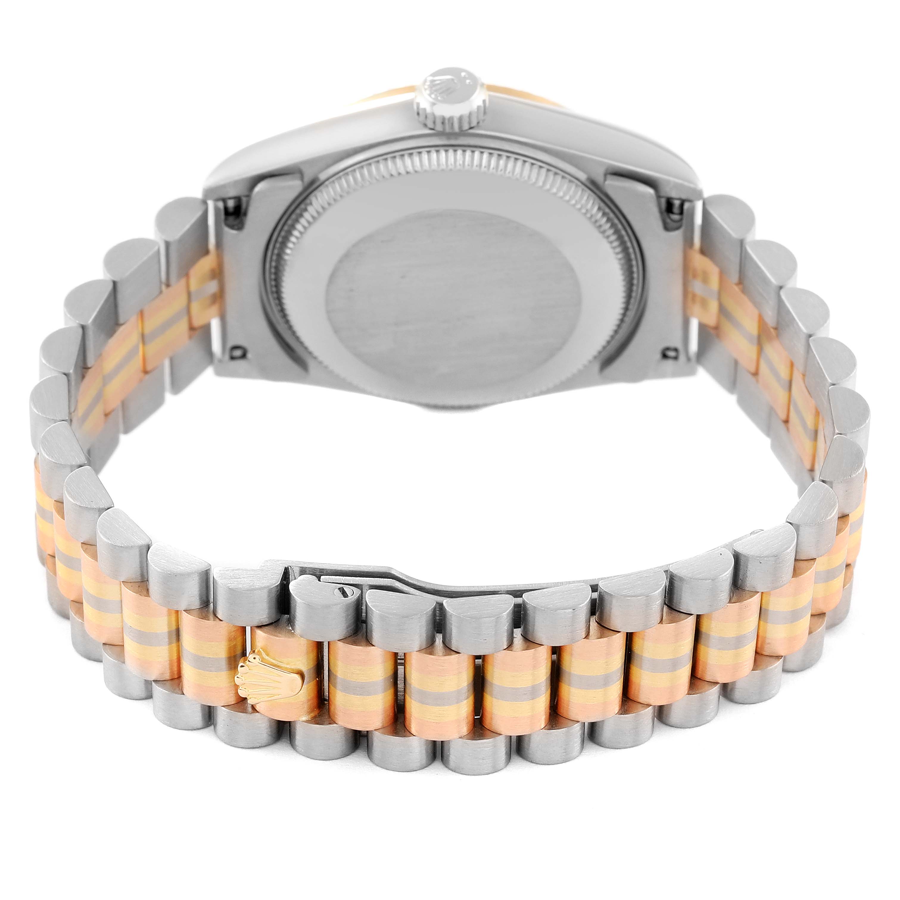 This image shows the back of a Rolex President 68279 Women
s Steel and Gold (two tone) Champagne Dial 68279 Women
s Steel and Gold (two tone) Champagne Dial model watch, focusing on the bracelet and case back.