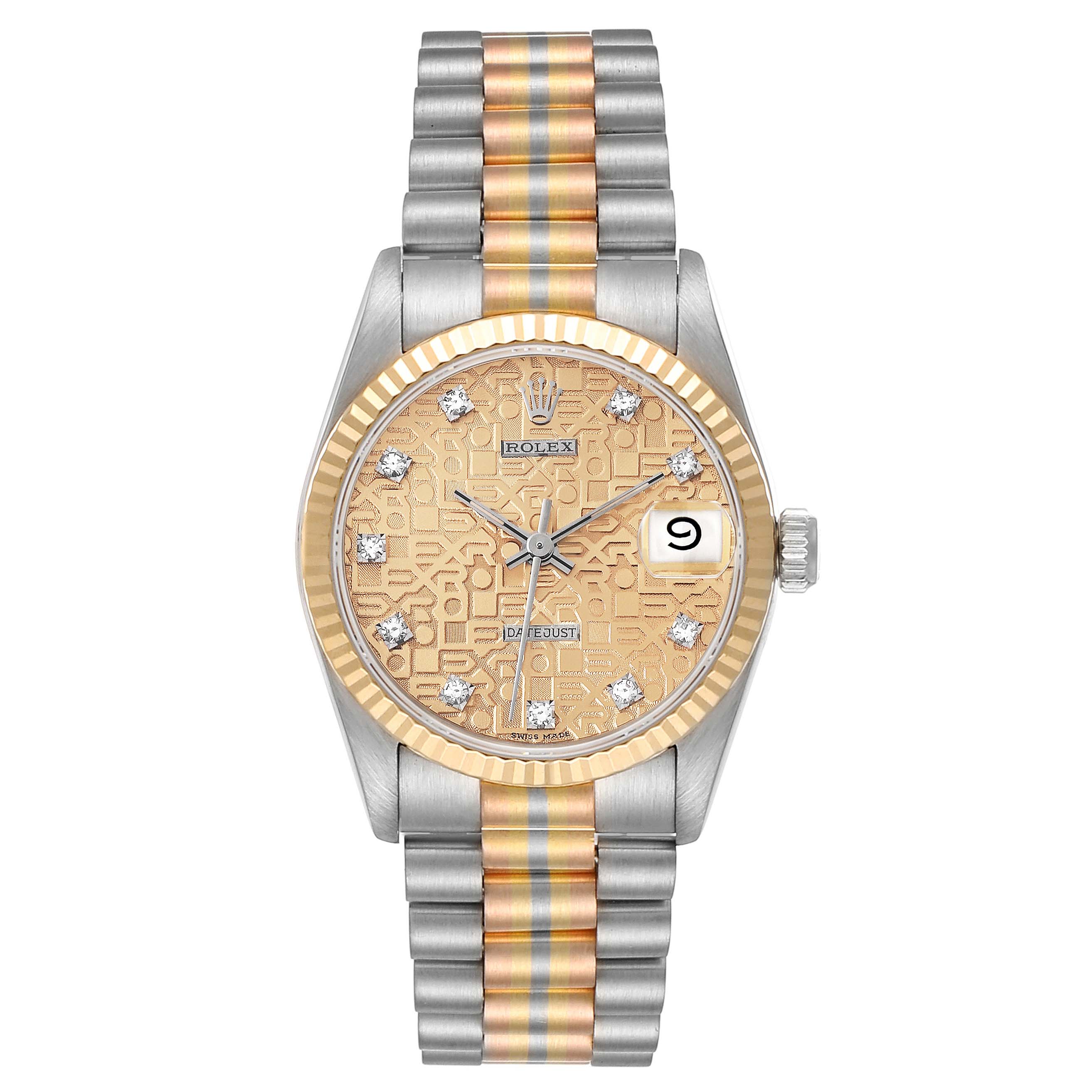 The image shows a Rolex President 68279 Women
s Steel and Gold (two tone) Champagne Dial 68279 Women
s Steel and Gold (two tone) Champagne Dial model watch from a front angle, highlighting the dial, bezel, crown, and bracelet.