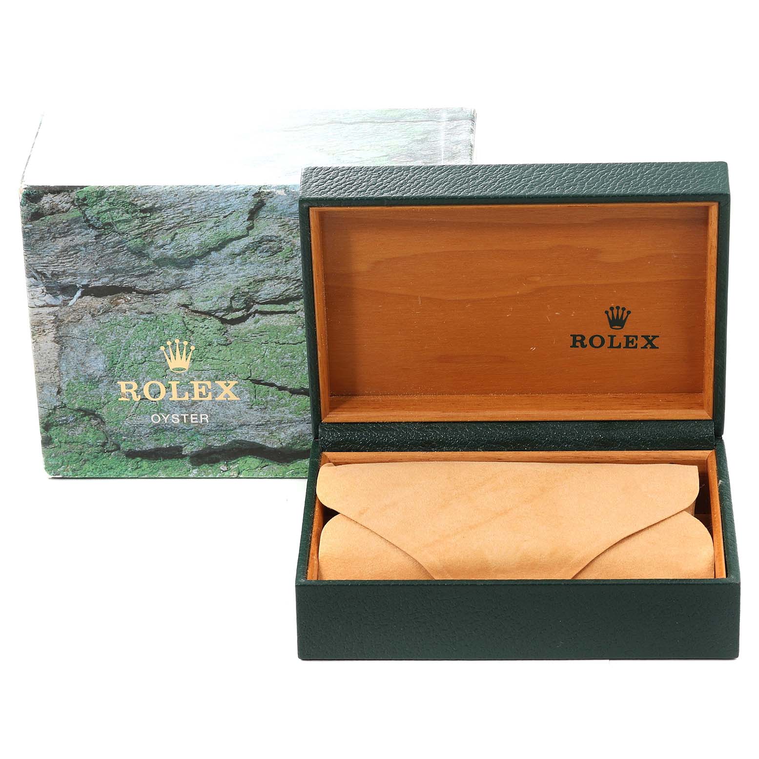 The image shows a Rolex President 68279 Women
s Steel and Gold (two tone) Champagne Dial 68279 Women
s Steel and Gold (two tone) Champagne Dial model watch box and its leather pouch, with the lid of the box open.