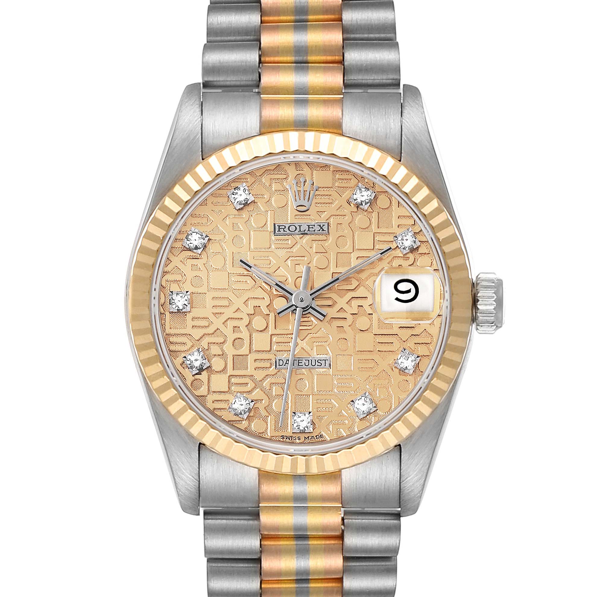 The Rolex President 68279 Women
s Steel and Gold (two tone) Champagne Dial 68279 Women
s Steel and Gold (two tone) Champagne Dial watch is shown from a front angle, highlighting its face, bezel, and part of the bracelet.