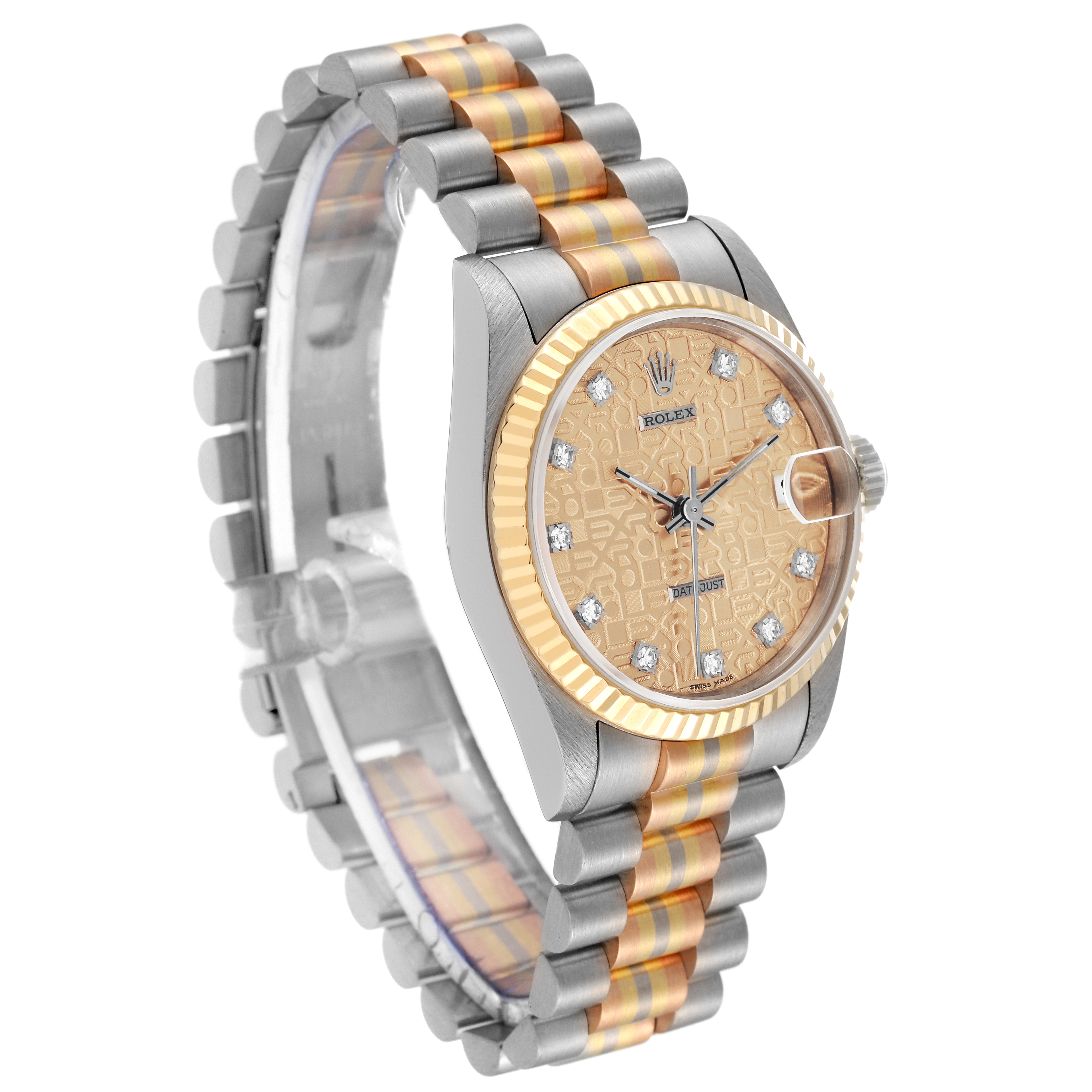 The image shows a Rolex President 68279 Women
s Steel and Gold (two tone) Champagne Dial 68279 Women
s Steel and Gold (two tone) Champagne Dial model watch at a three-quarter angle, highlighting the bracelet, bezel, and face with diamond hour markers.